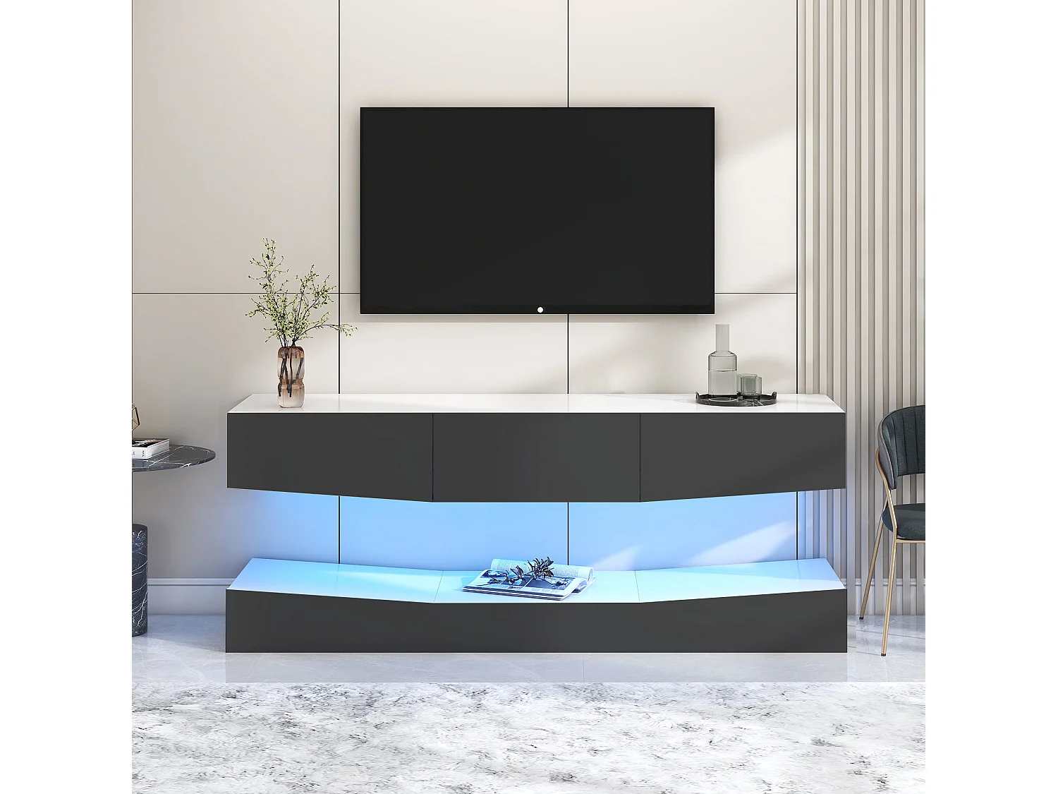 Meuble TV mural avec LED, support flottant, pour TV 70-79 pouces, gris, 180x40x50cm