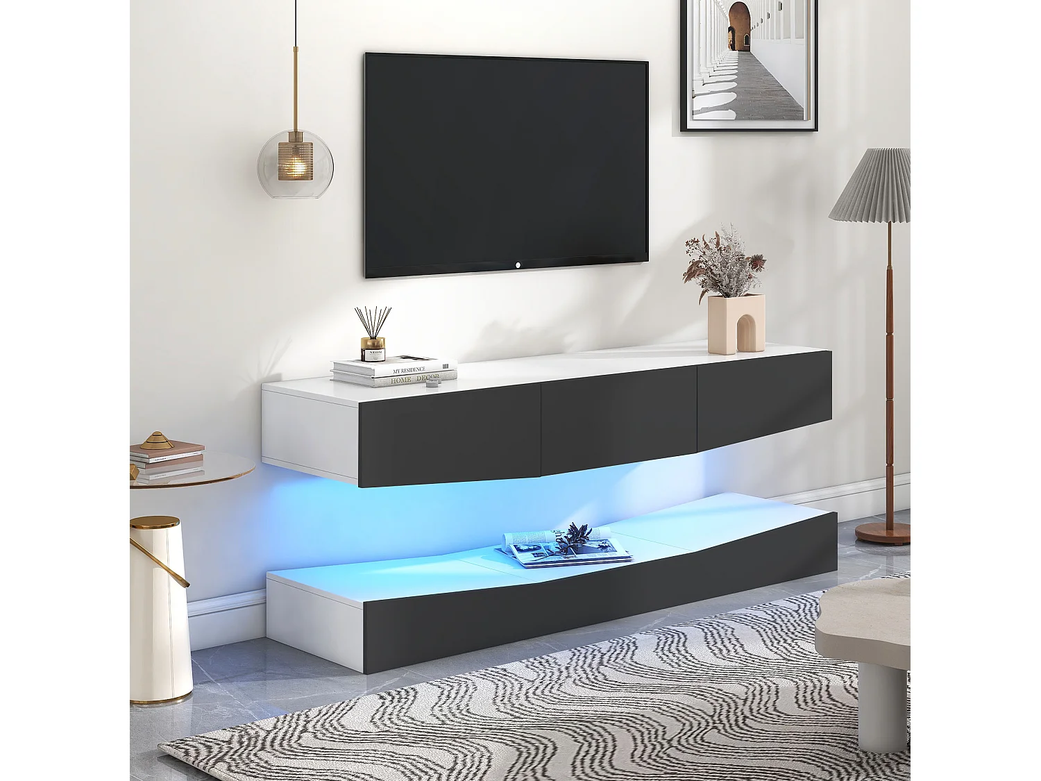 Meuble TV mural avec LED, support flottant, pour TV 70-79 pouces, gris, 180x40x50cm