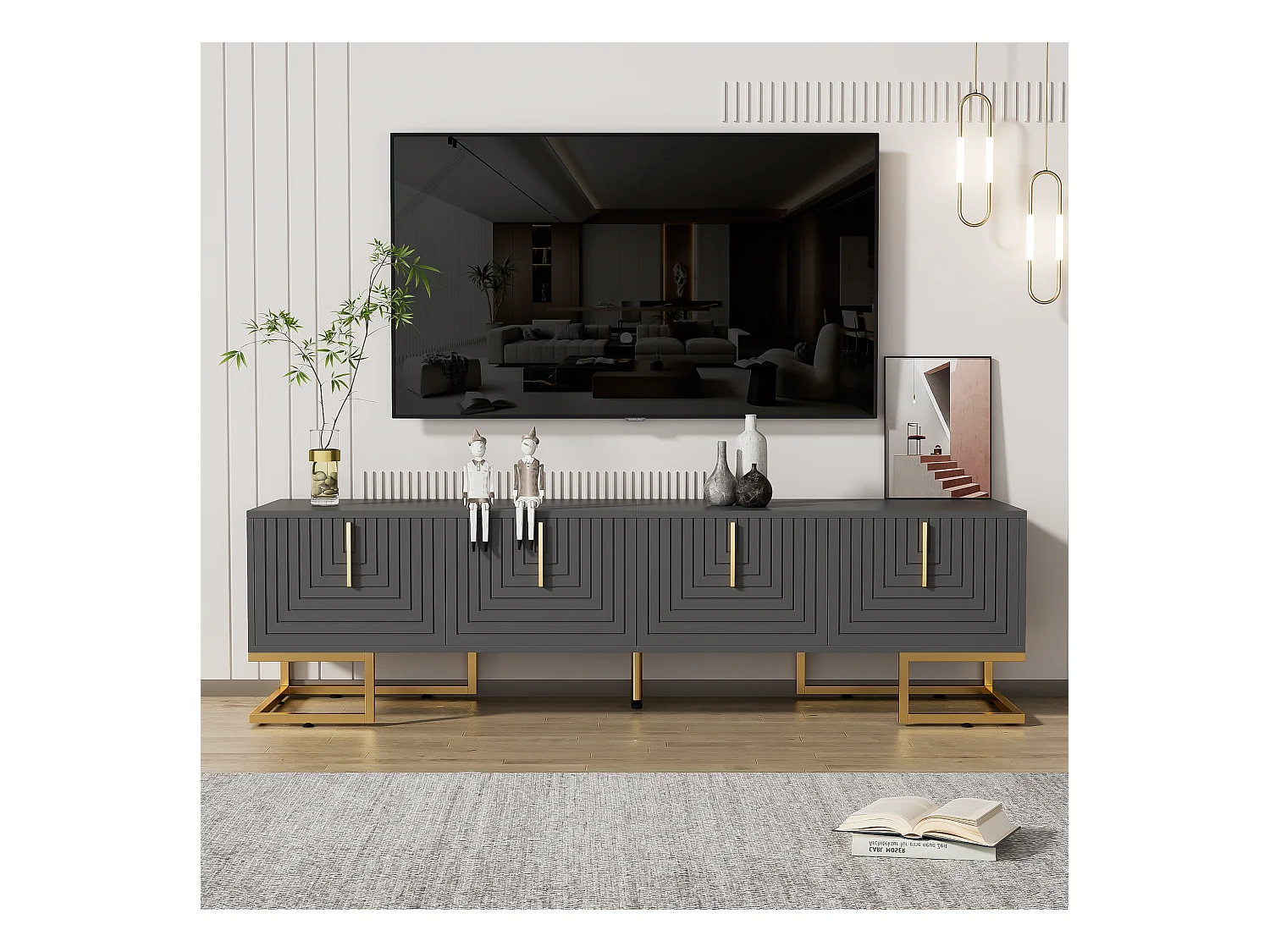 TV-meubel, design met structuurdeuren, 1 lade, 3 deuren, gouden poten, MDF, grijs en hout (170x40x45,5cm)