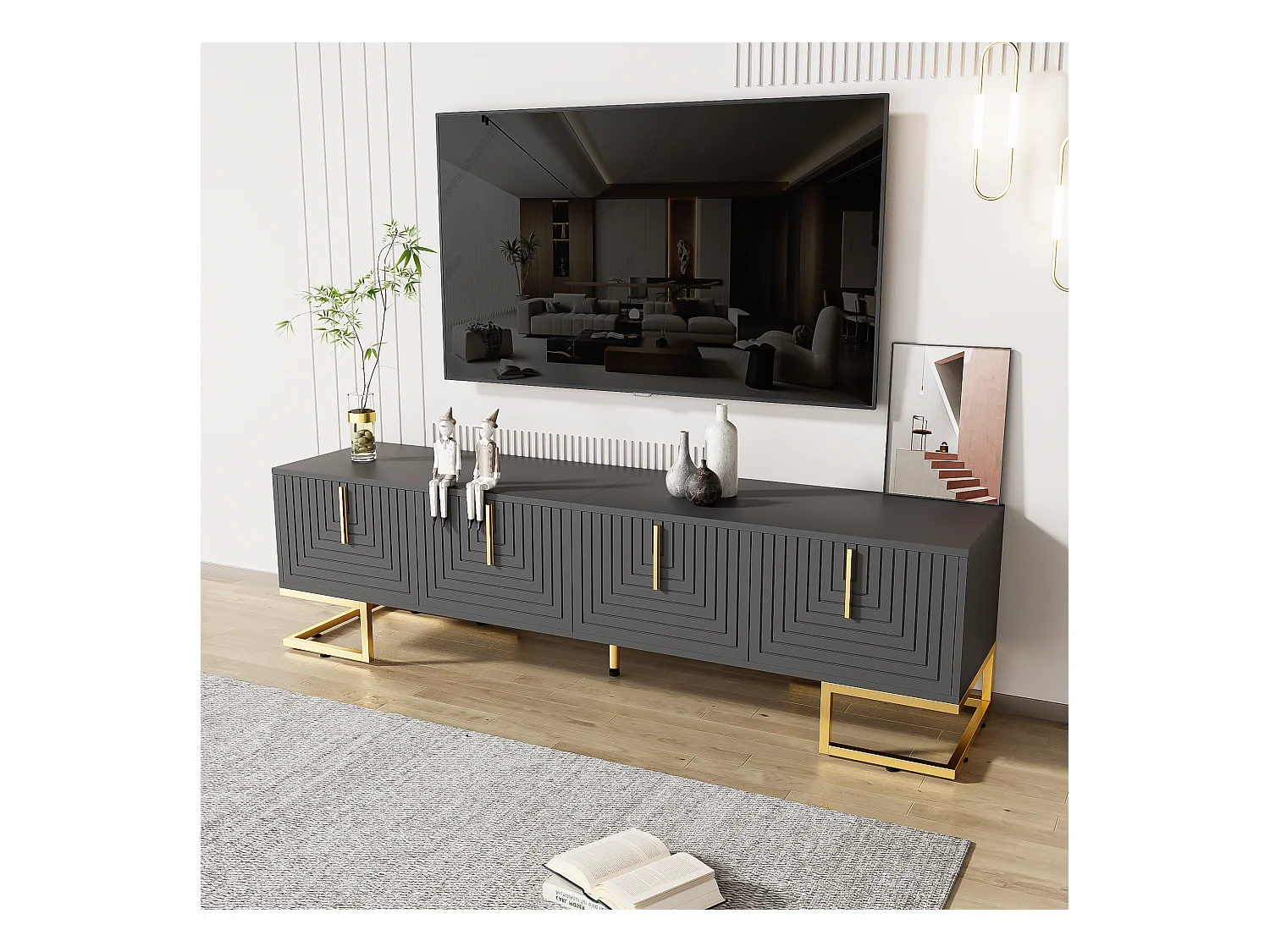 TV-meubel, design met structuurdeuren, 1 lade, 3 deuren, gouden poten, MDF, grijs en hout (170x40x45,5cm)