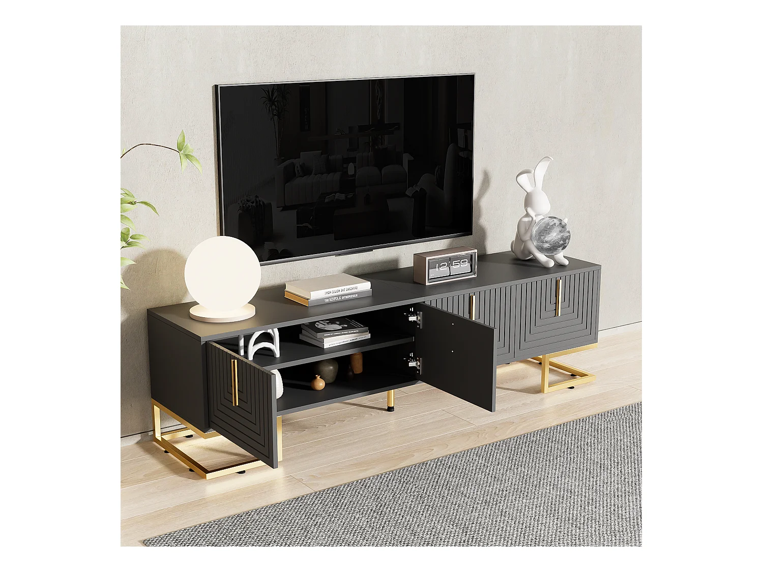 TV-meubel, design met structuurdeuren, 1 lade, 3 deuren, gouden poten, MDF, grijs en hout (170x40x45,5cm)