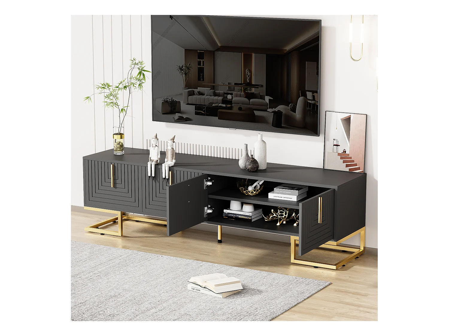 TV-meubel, design met structuurdeuren, 1 lade, 3 deuren, gouden poten, MDF, grijs en hout (170x40x45,5cm)