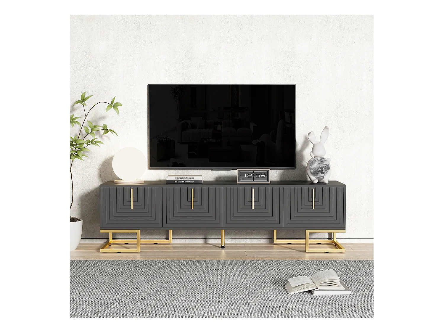 Meuble TV, design avec portes texturées, 1 tiroir, 3 portes, pieds dorés, MDF, gris et bois (170x40x45.5cm)