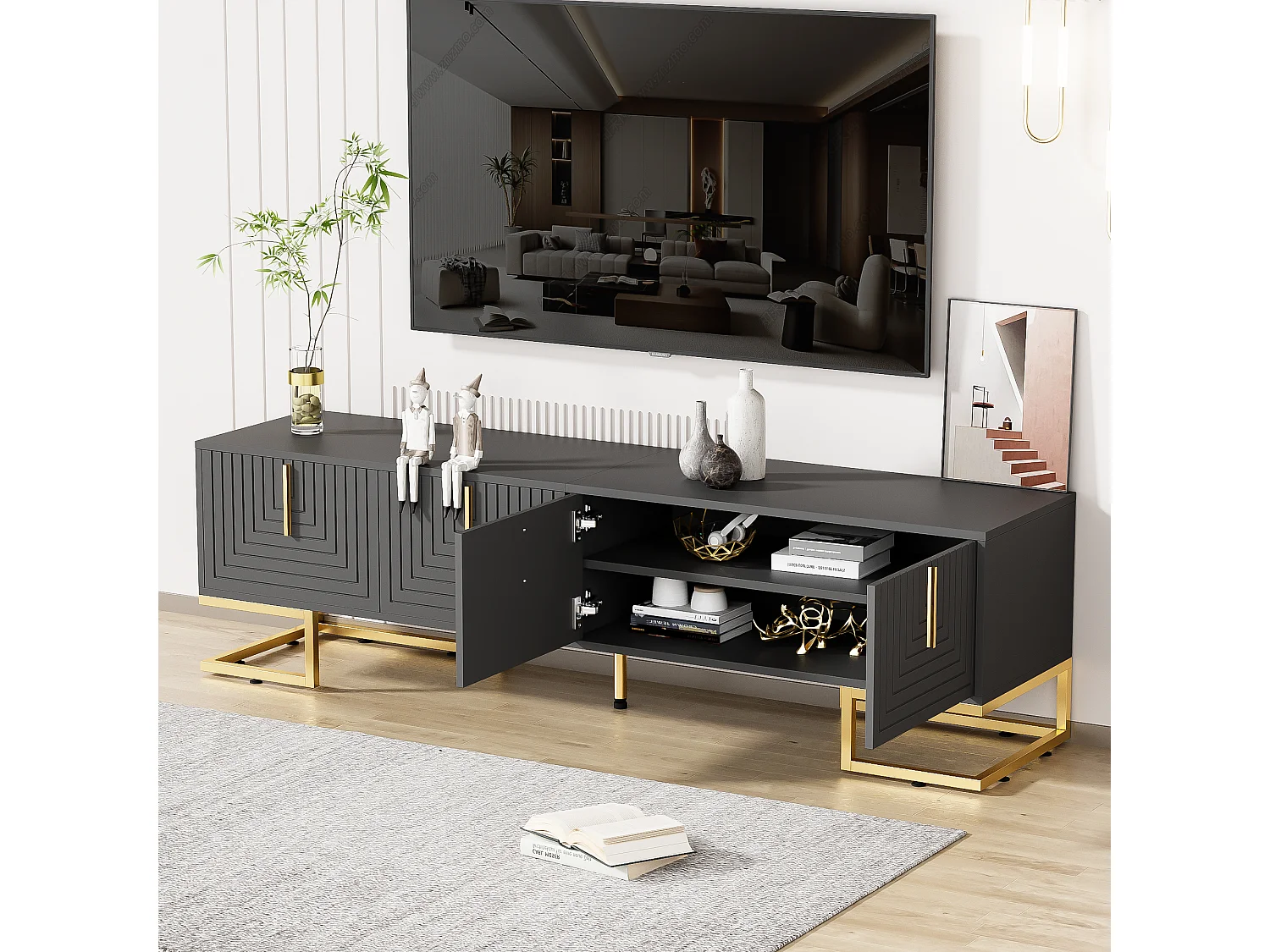 Meuble TV, design avec portes texturées, 1 tiroir, 3 portes, pieds dorés, MDF, gris et bois (170x40x45.5cm)