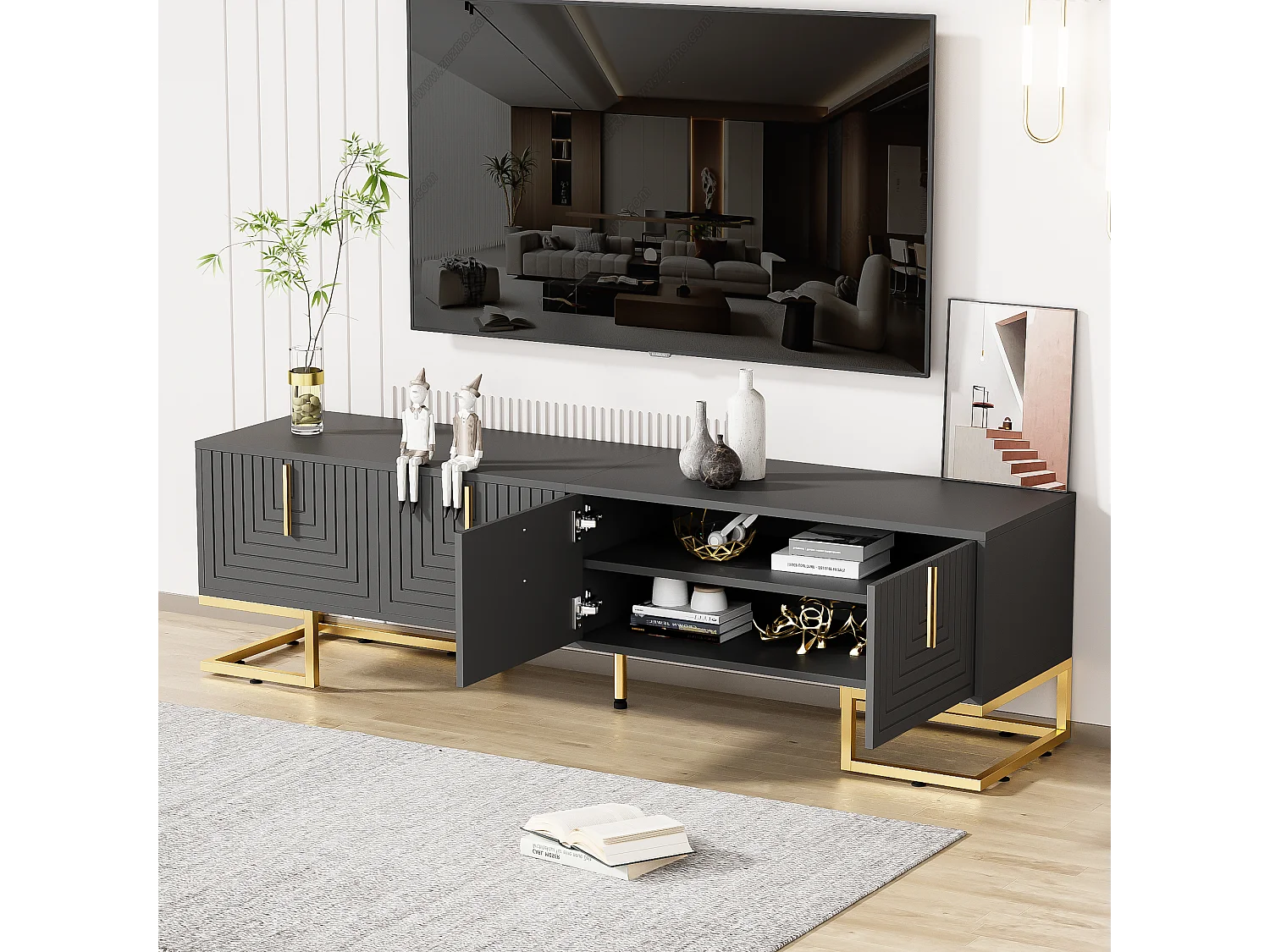 Meuble TV, design avec portes texturées, 1 tiroir, 3 portes, pieds dorés, MDF, gris et bois (170x40x45.5cm)