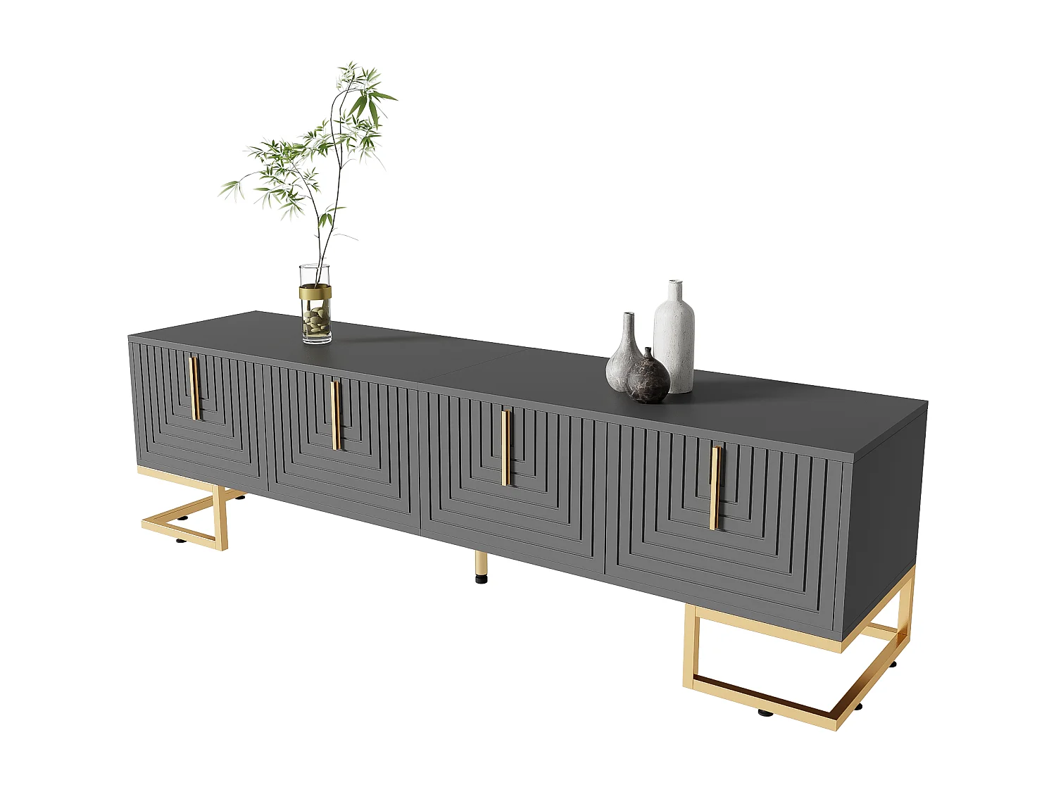 Meuble TV, design avec portes texturées, 1 tiroir, 3 portes, pieds dorés, MDF, gris et bois (170x40x45.5cm)