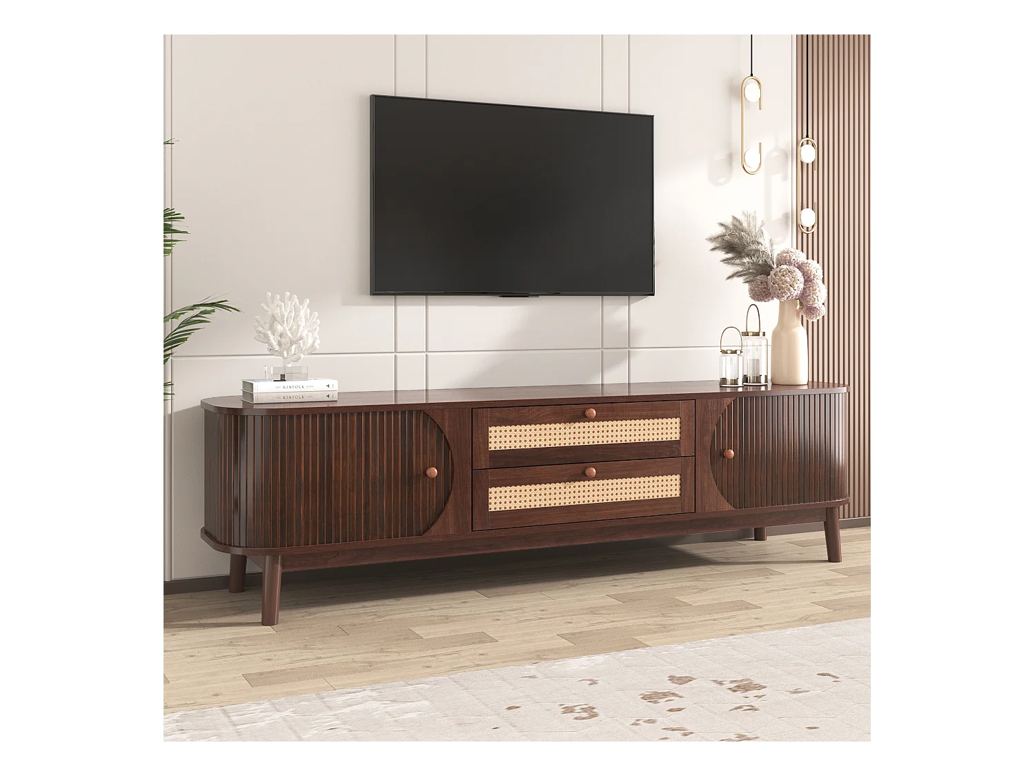 Mobile TV basso, naturale, ante e cassetti in rattan, design rustico, legno, MDF, bianco, (170x39,5x46cm)