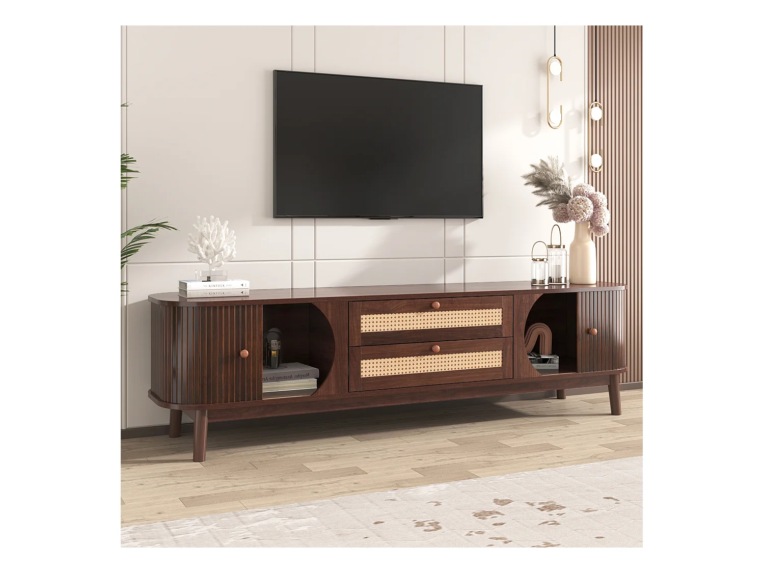 Mobile TV basso, naturale, ante e cassetti in rattan, design rustico, legno, MDF, bianco, (170x39,5x46cm)
