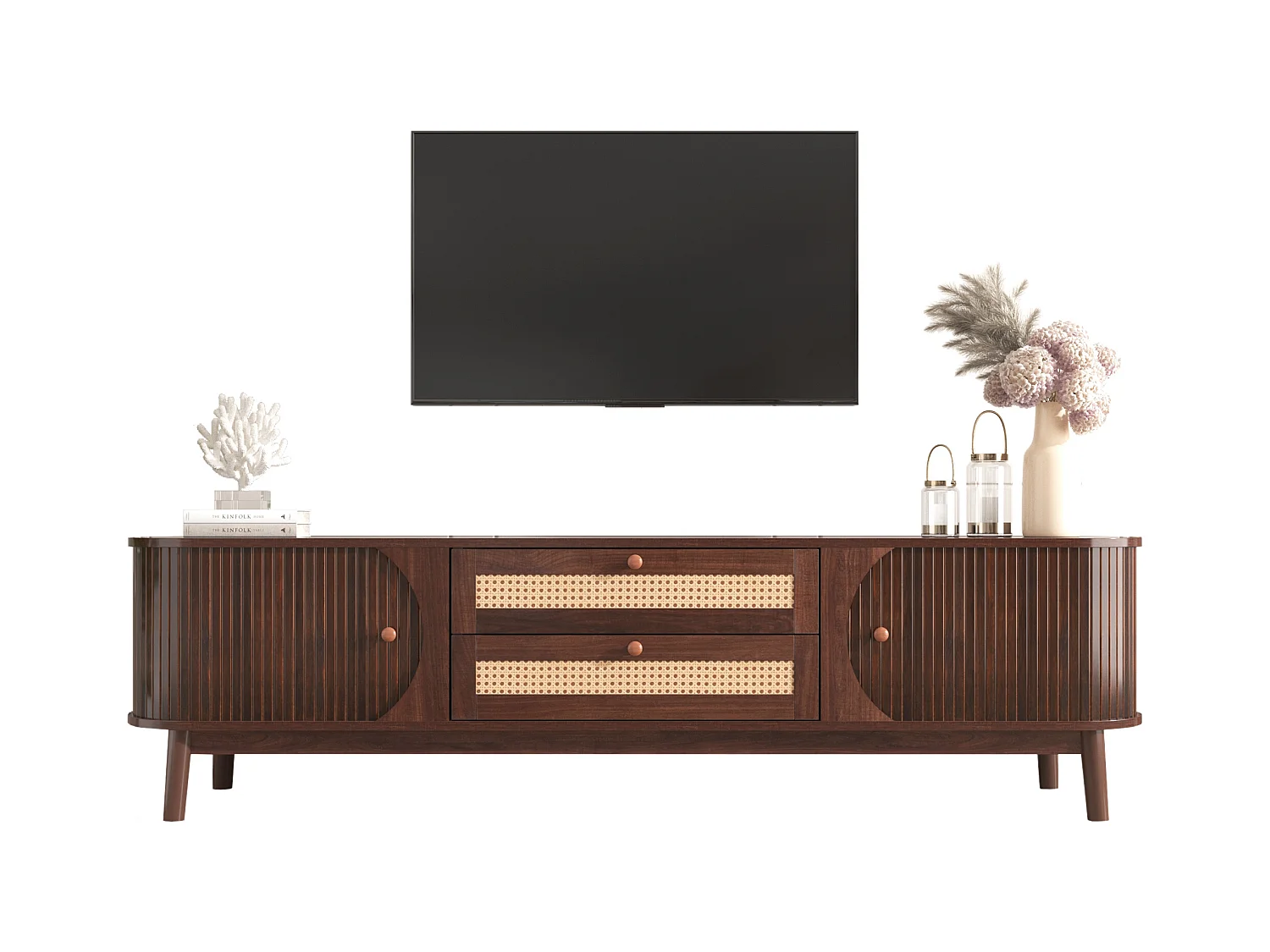 Mobile TV basso, naturale, ante e cassetti in rattan, design rustico, legno, MDF, bianco, (170x39,5x46cm)
