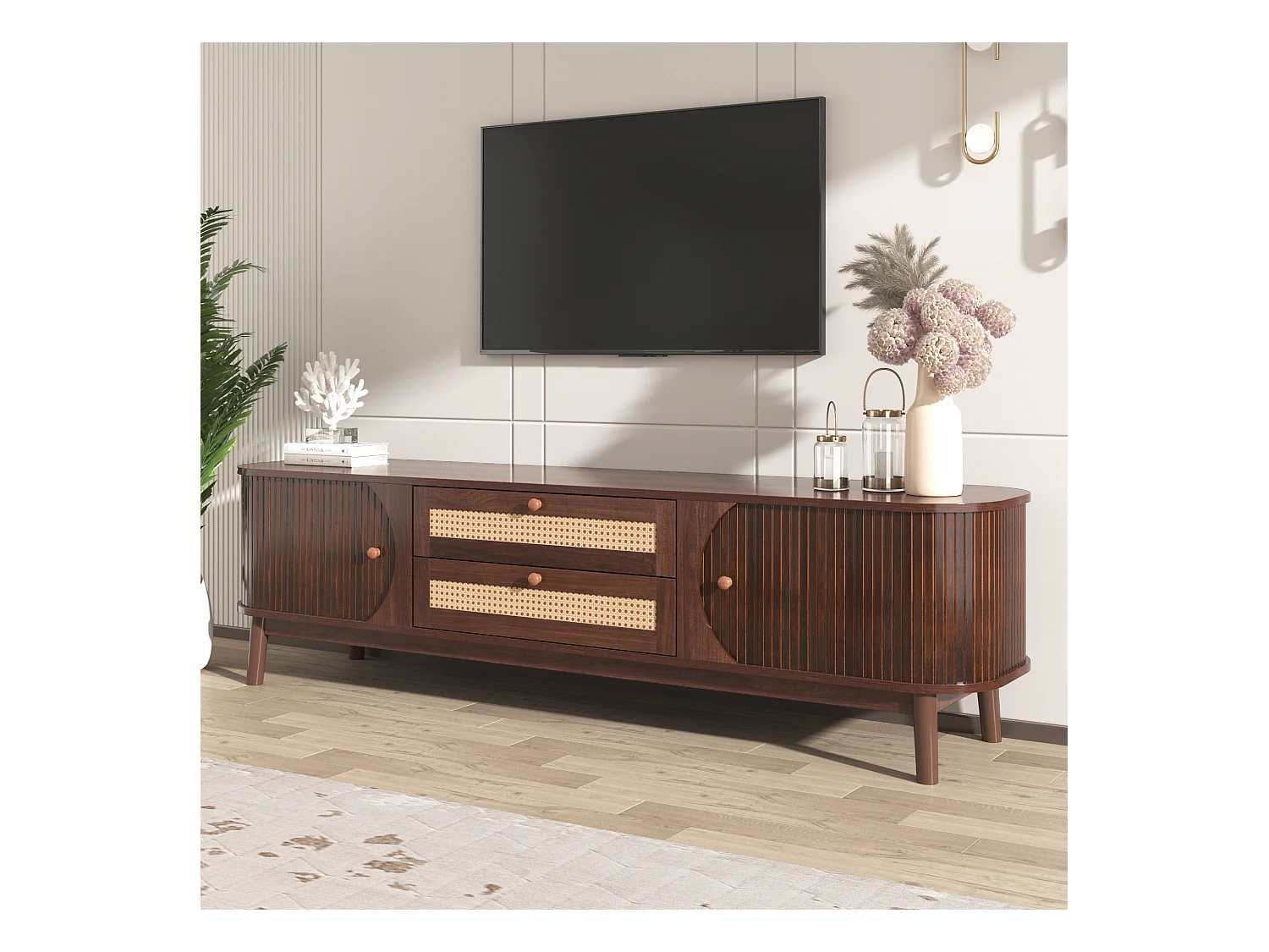 Meuble TV bas, naturel, portes et tiroirs en rotin, design rustique, bois, MDF, blanc, (170x39.5x46cm)