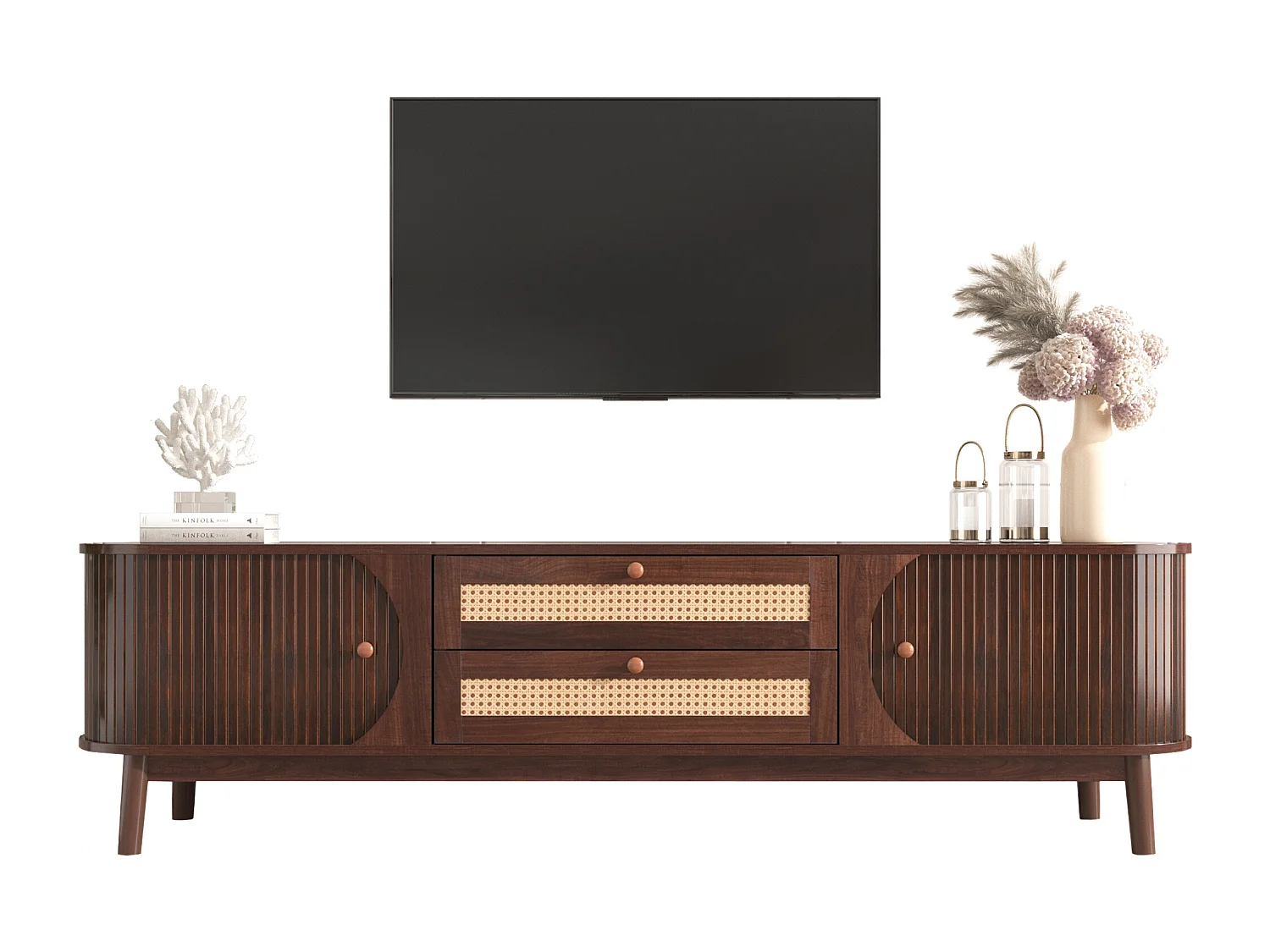 Meuble TV bas, naturel, portes et tiroirs en rotin, design rustique, bois, MDF, blanc, (170x39.5x46cm)