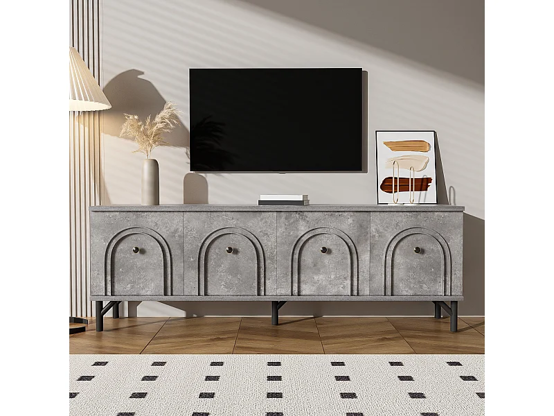 Meuble TV 4 portes, design moderne, avec charnières Soft-Close, Gris, Matériau MDF (160x38x55.5cm)