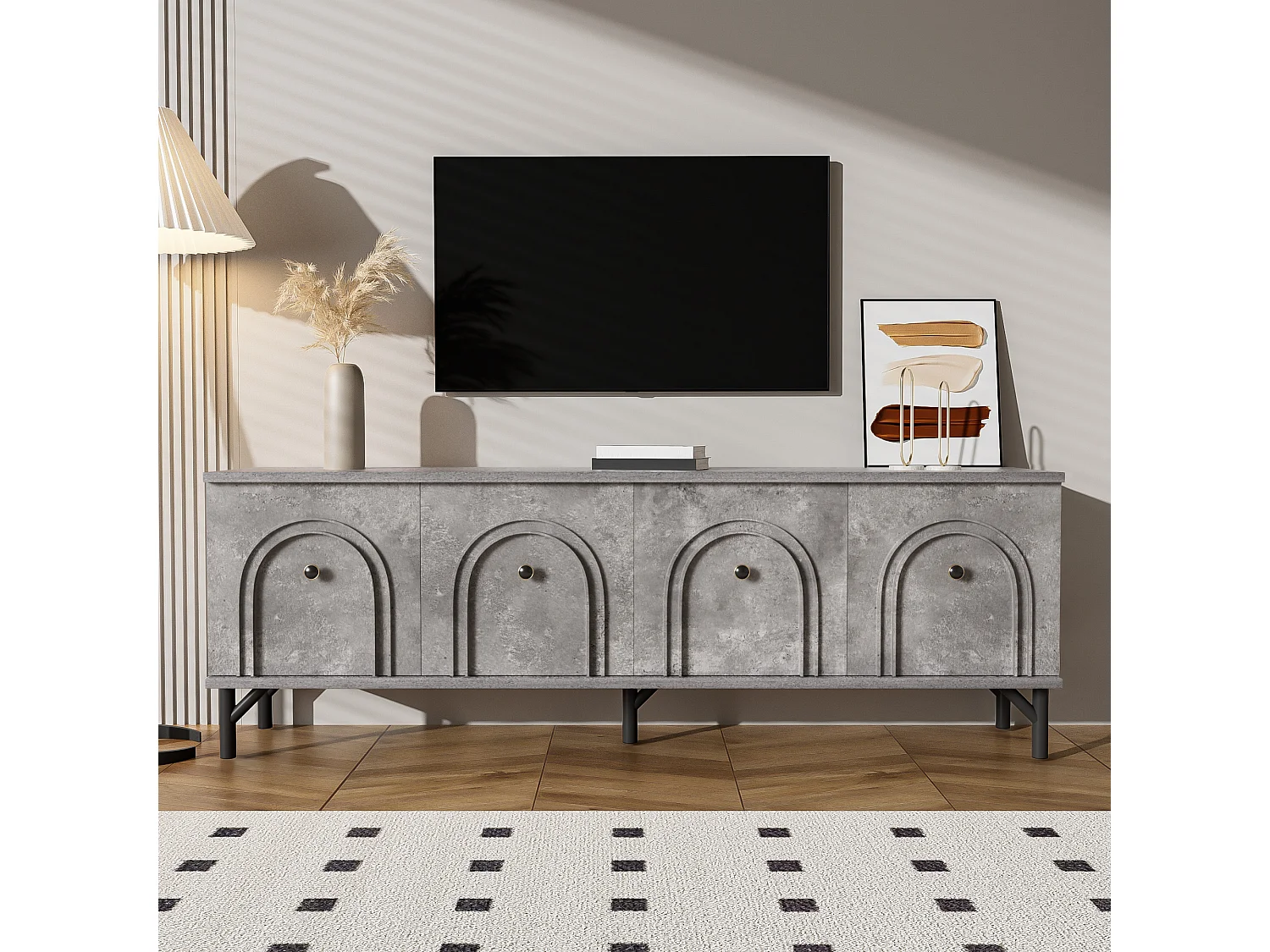 Meuble TV 4 portes, design moderne, avec charnières Soft-Close, Gris, Matériau MDF (160x38x55.5cm)