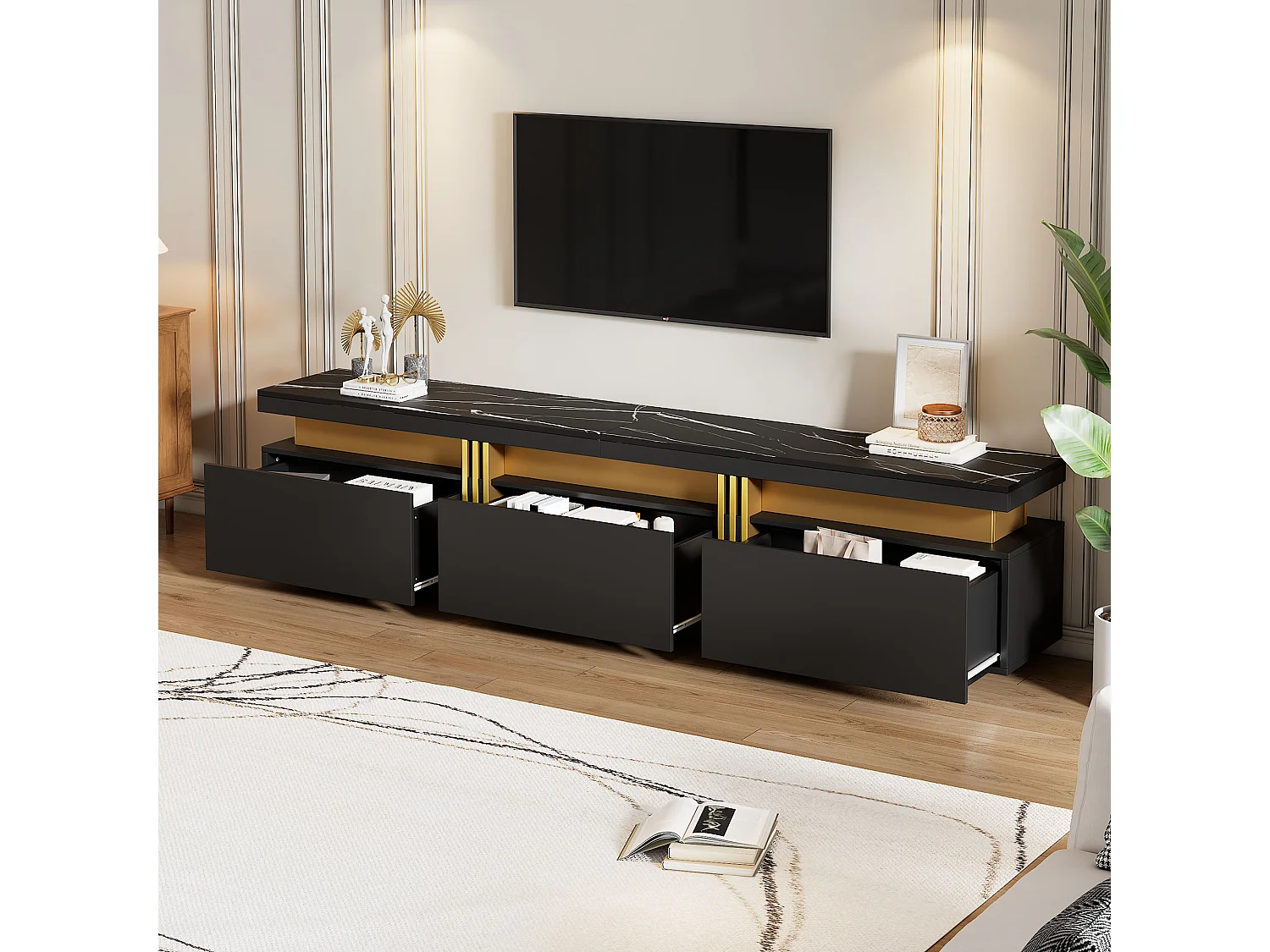 Meuble TV 180cm, avec 2 portes et 3 tiroirs, design moderne, en MDF, couleur noire, (180x40x42cm)
