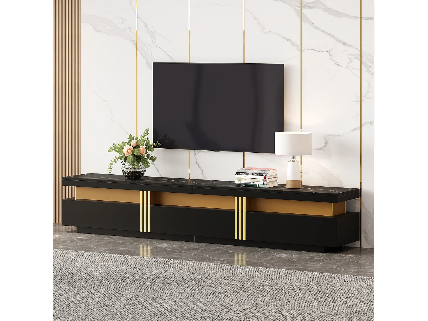 Meuble TV 180cm, avec 2 portes et 3 tiroirs, design moderne, en MDF, couleur noire, (180x40x42cm)