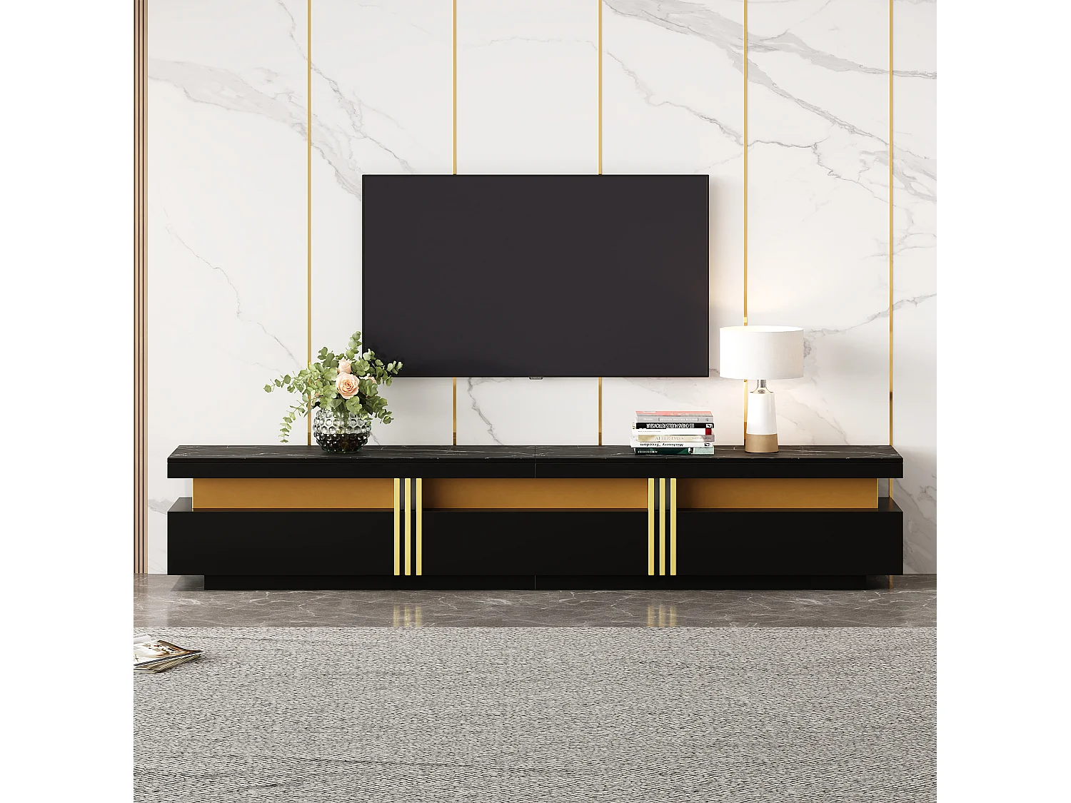 Meuble TV 180cm, avec 2 portes et 3 tiroirs, design moderne, en MDF, couleur noire, (180x40x42cm)