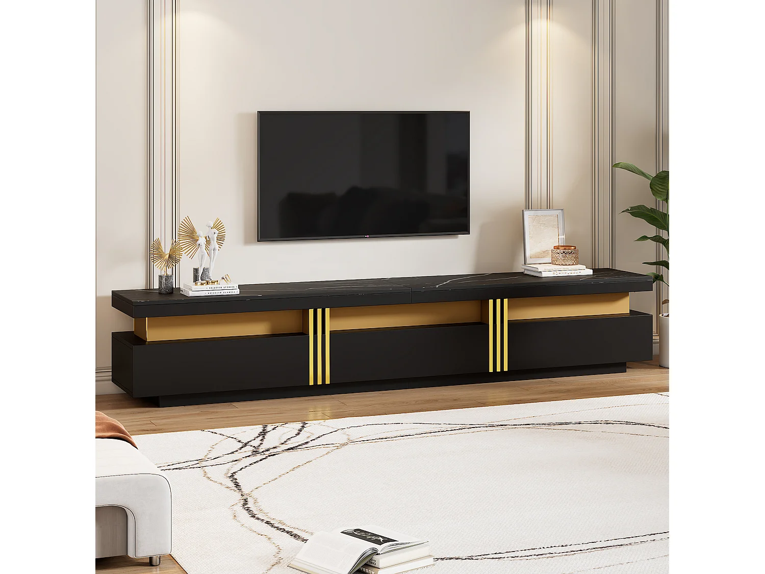 Meuble TV 180cm, avec 2 portes et 3 tiroirs, design moderne, en MDF, couleur noire, (180x40x42cm)