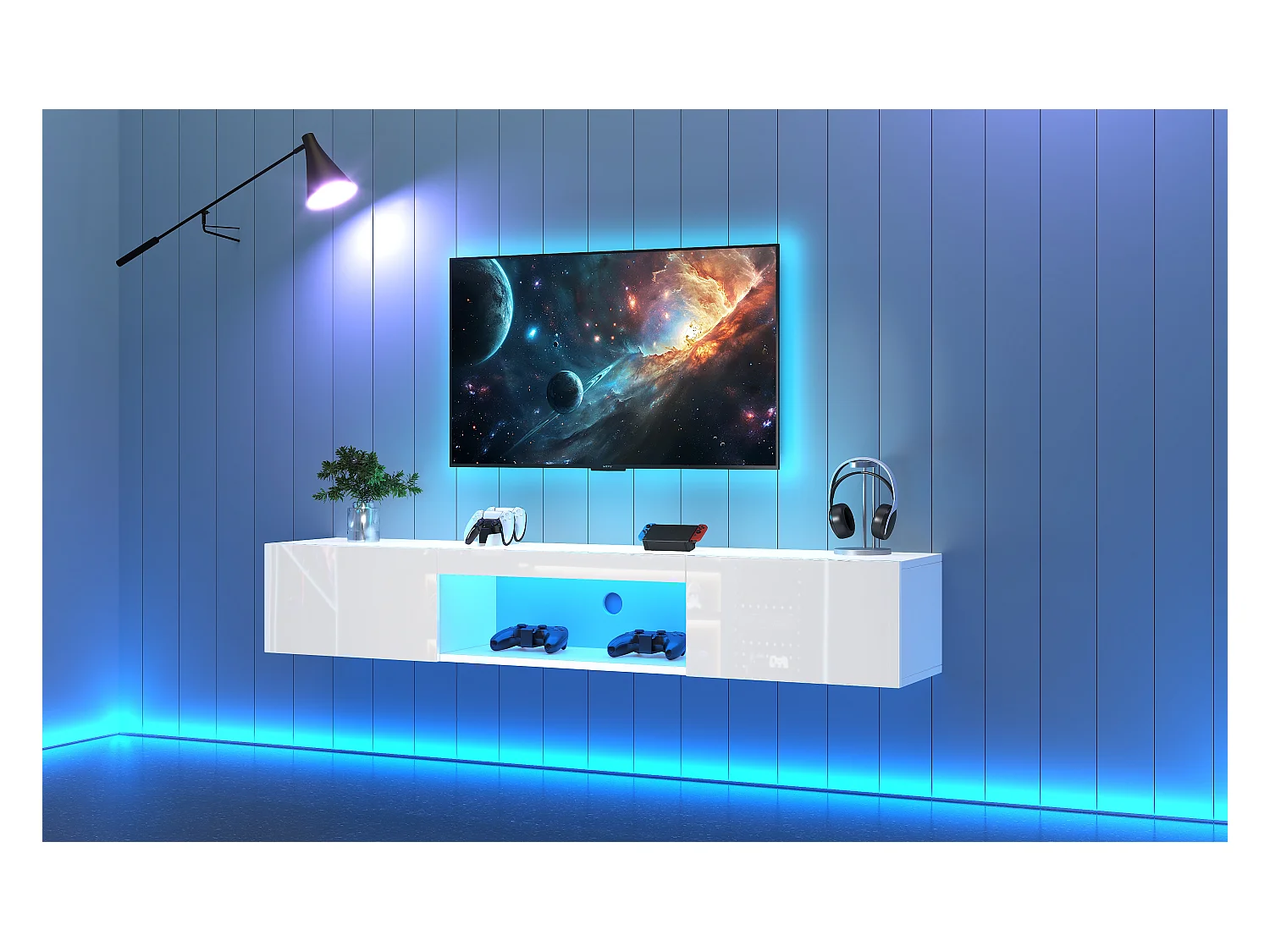 Mobile TV da parete bianco con LED, controllo tramite app Bluetooth, per TV da 60-69 pollici, 160x31x22 cm