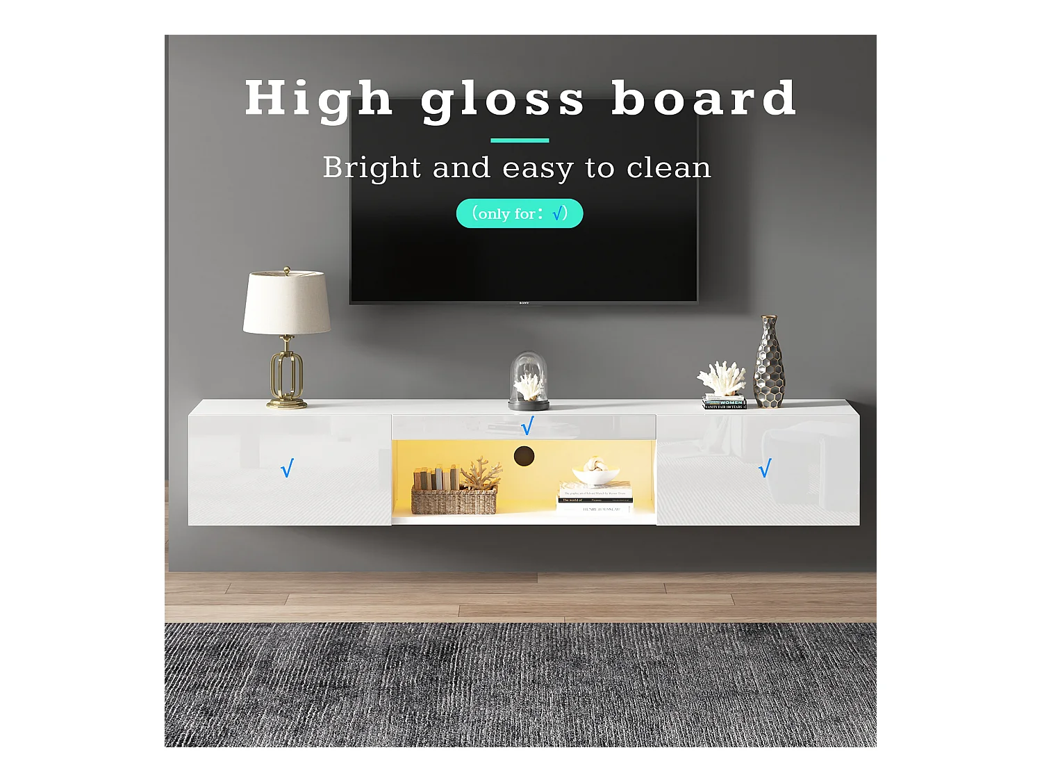 Mobile TV da parete bianco con LED, controllo tramite app Bluetooth, per TV da 60-69 pollici, 160x31x22 cm