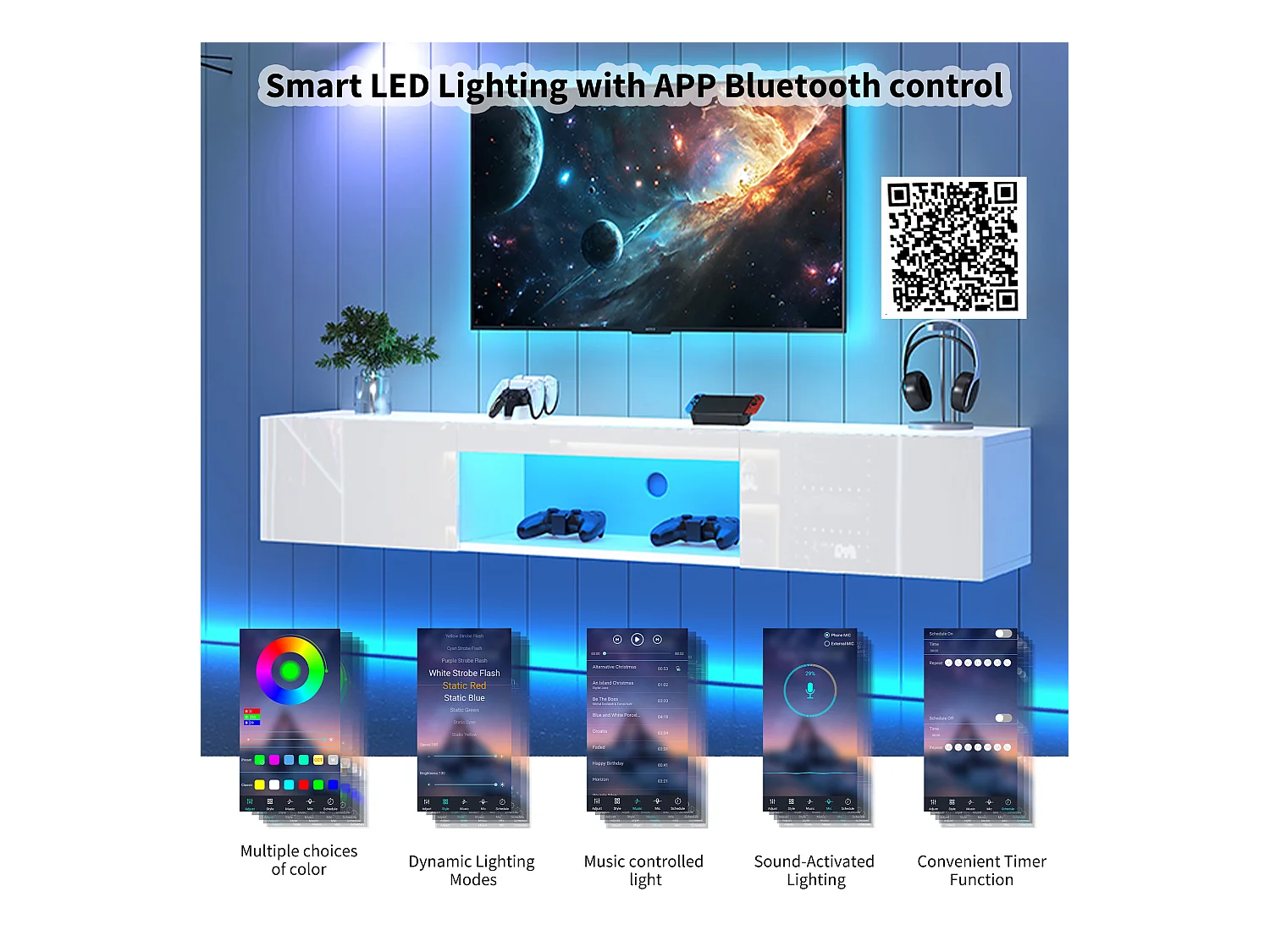 Mobile TV da parete bianco con LED, controllo tramite app Bluetooth, per TV da 60-69 pollici, 160x31x22 cm