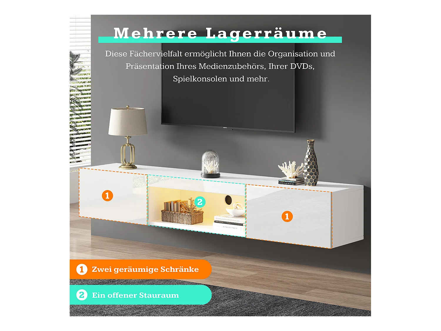 Mobile TV da parete bianco con LED, controllo tramite app Bluetooth, per TV da 60-69 pollici, 160x31x22 cm