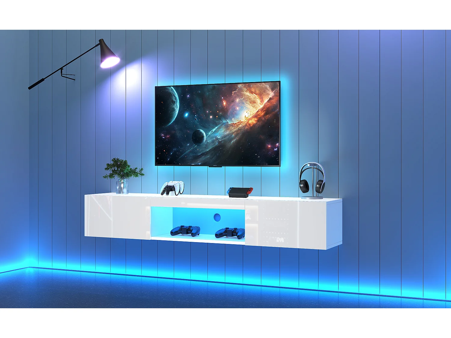 Mueble de TV de pared blanco con LED y control por aplicación Bluetooth para TV de 60-69 pulgadas, 160 x 31 x 22 cm
