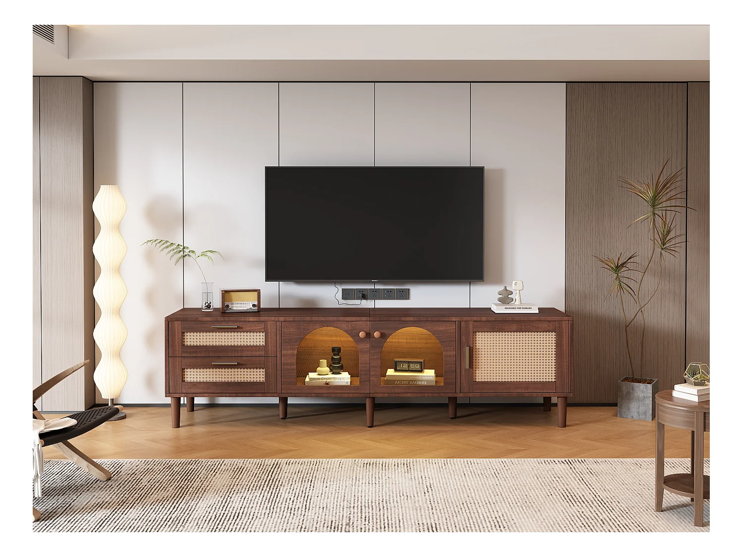 Meuble TV en bois brun avec 2 tiroirs en rotin, 2 portes en verre incurvées, 1 porte en rotin, éclairage LED, design moderne (180x40x50cm)