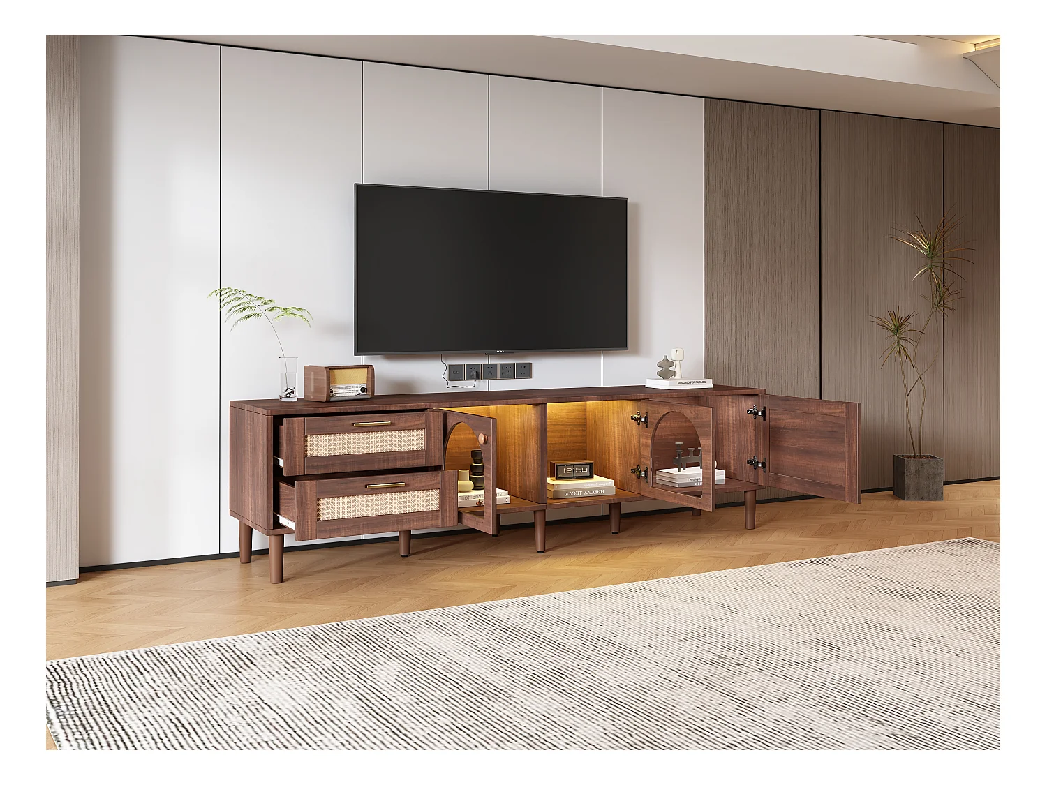 Meuble TV en bois brun avec 2 tiroirs en rotin, 2 portes en verre incurvées, 1 porte en rotin, éclairage LED, design moderne (180x40x50cm)