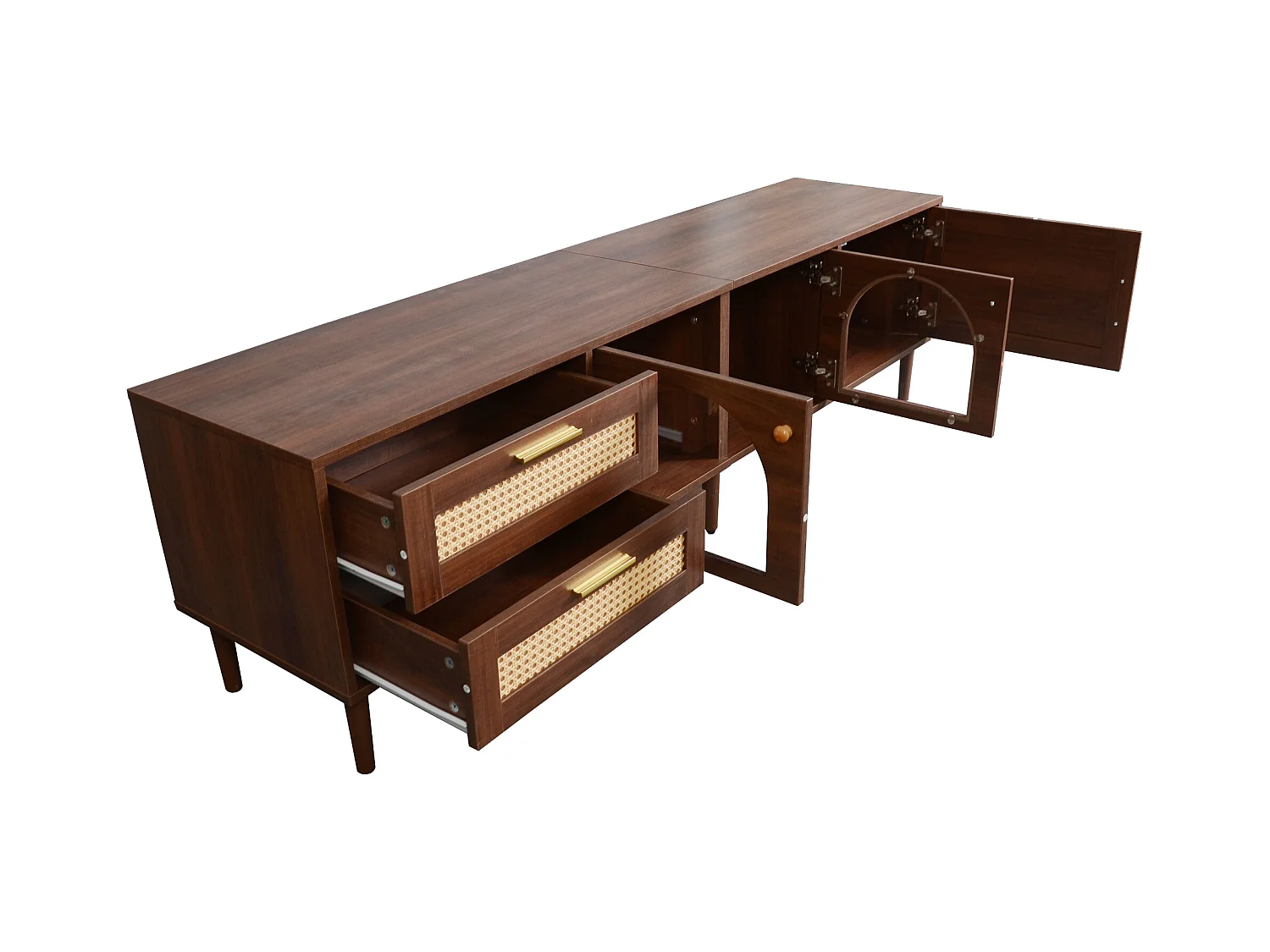 Meuble TV en bois brun avec 2 tiroirs en rotin, 2 portes en verre incurvées, 1 porte en rotin, éclairage LED, design moderne (180x40x50cm)