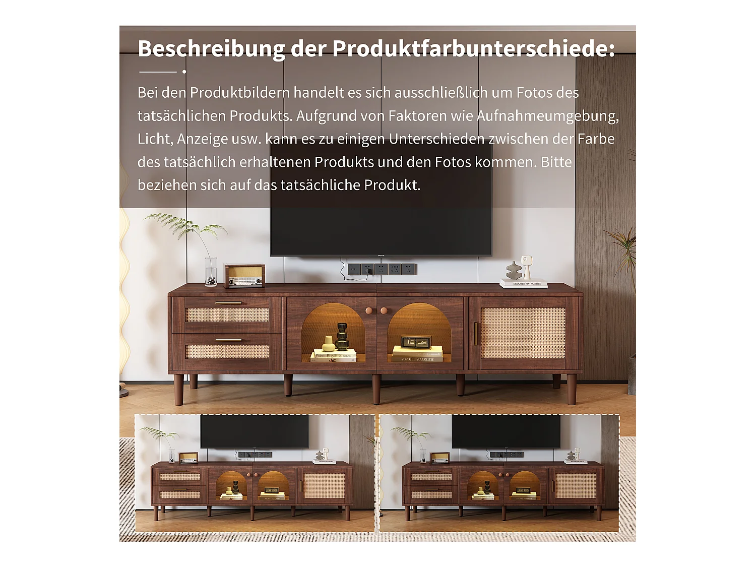 Meuble TV en bois brun avec 2 tiroirs en rotin, 2 portes en verre incurvées, 1 porte en rotin, éclairage LED, design moderne (180x40x50cm)