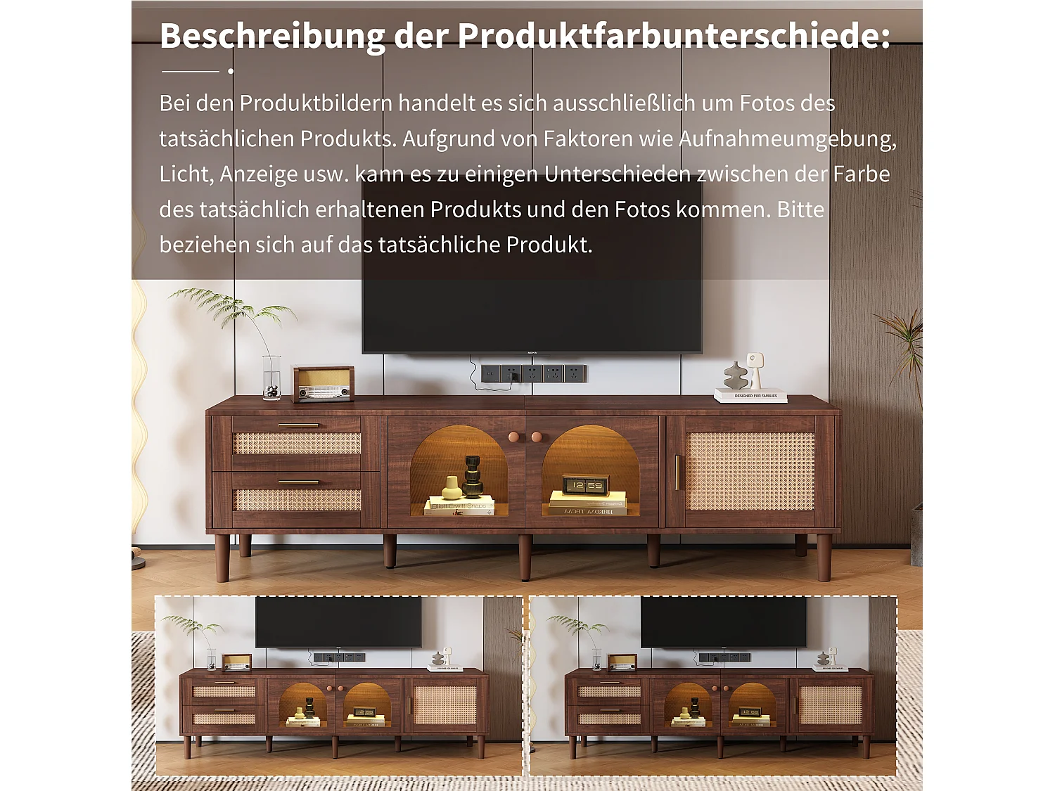 Mobile TV in legno marrone con 2 cassetti in rattan, 2 ante in vetro curvo, 1 anta in rattan, illuminazione a LED, design moderno (180x40x50 cm)