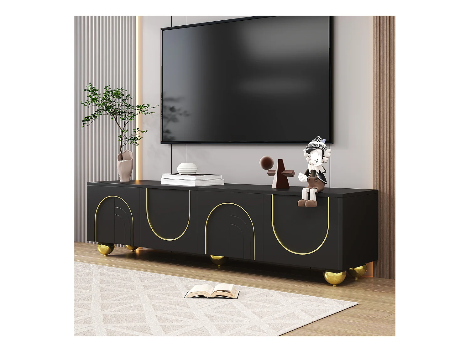 Meuble TV Lowboard, 4 portes avec décorations dorées, pieds ronds en bois, Push-to-Open, Noir (170x38x44cm)