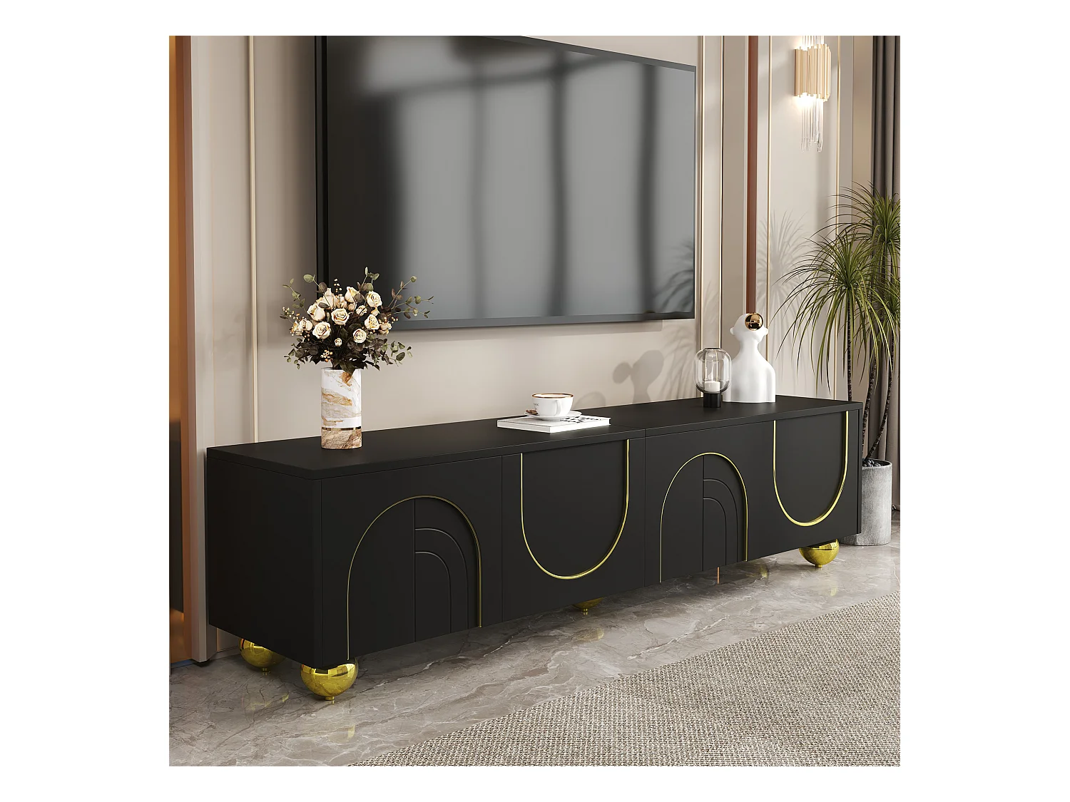 Meuble TV Lowboard, 4 portes avec décorations dorées, pieds ronds en bois, Push-to-Open, Noir (170x38x44cm)