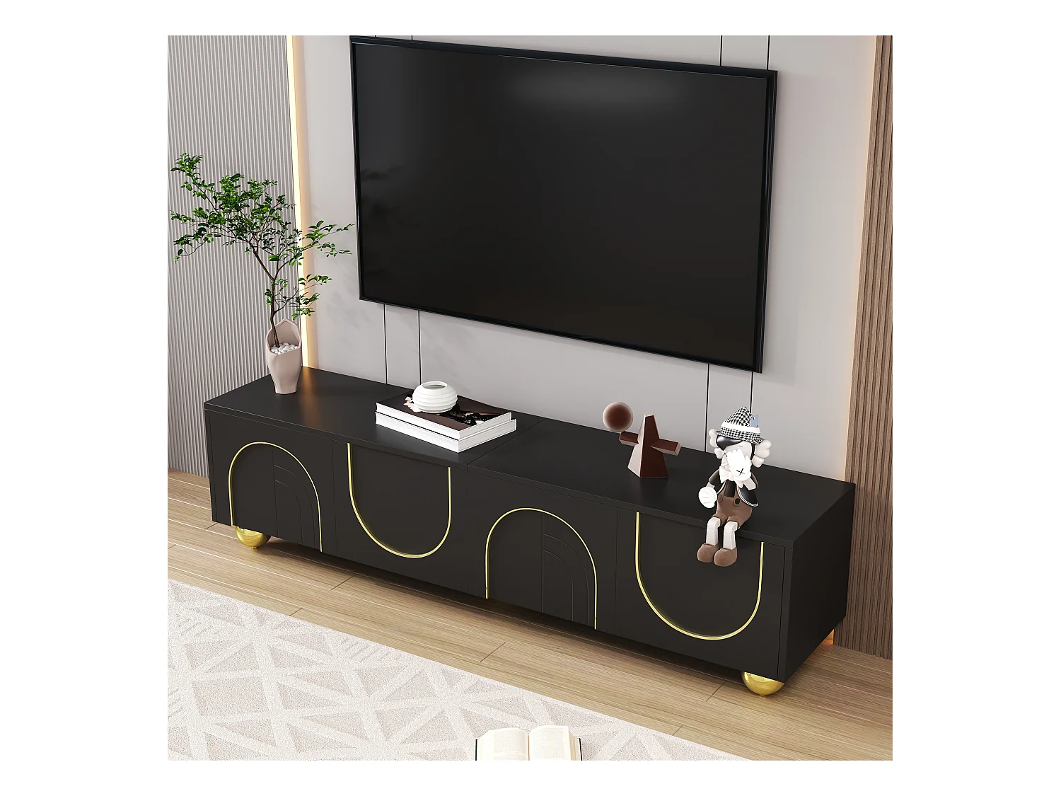 Meuble TV Lowboard, 4 portes avec décorations dorées, pieds ronds en bois, Push-to-Open, Noir (170x38x44cm)