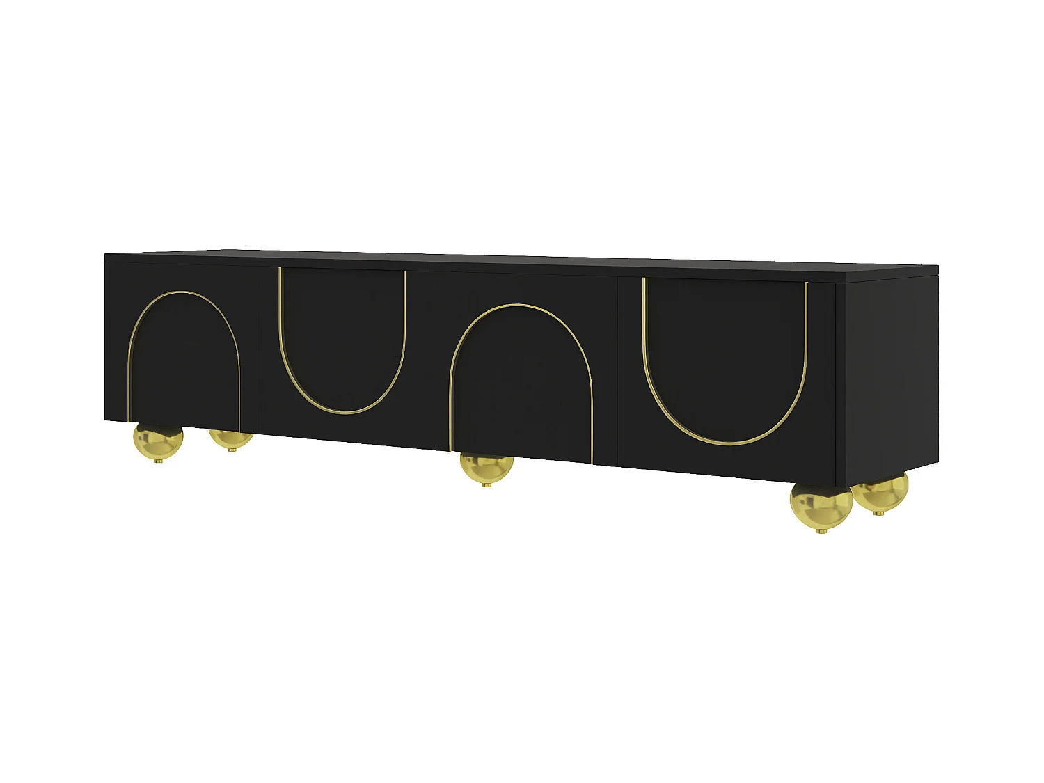 Meuble TV Lowboard, 4 portes avec décorations dorées, pieds ronds en bois, Push-to-Open, Noir (170x38x44cm)