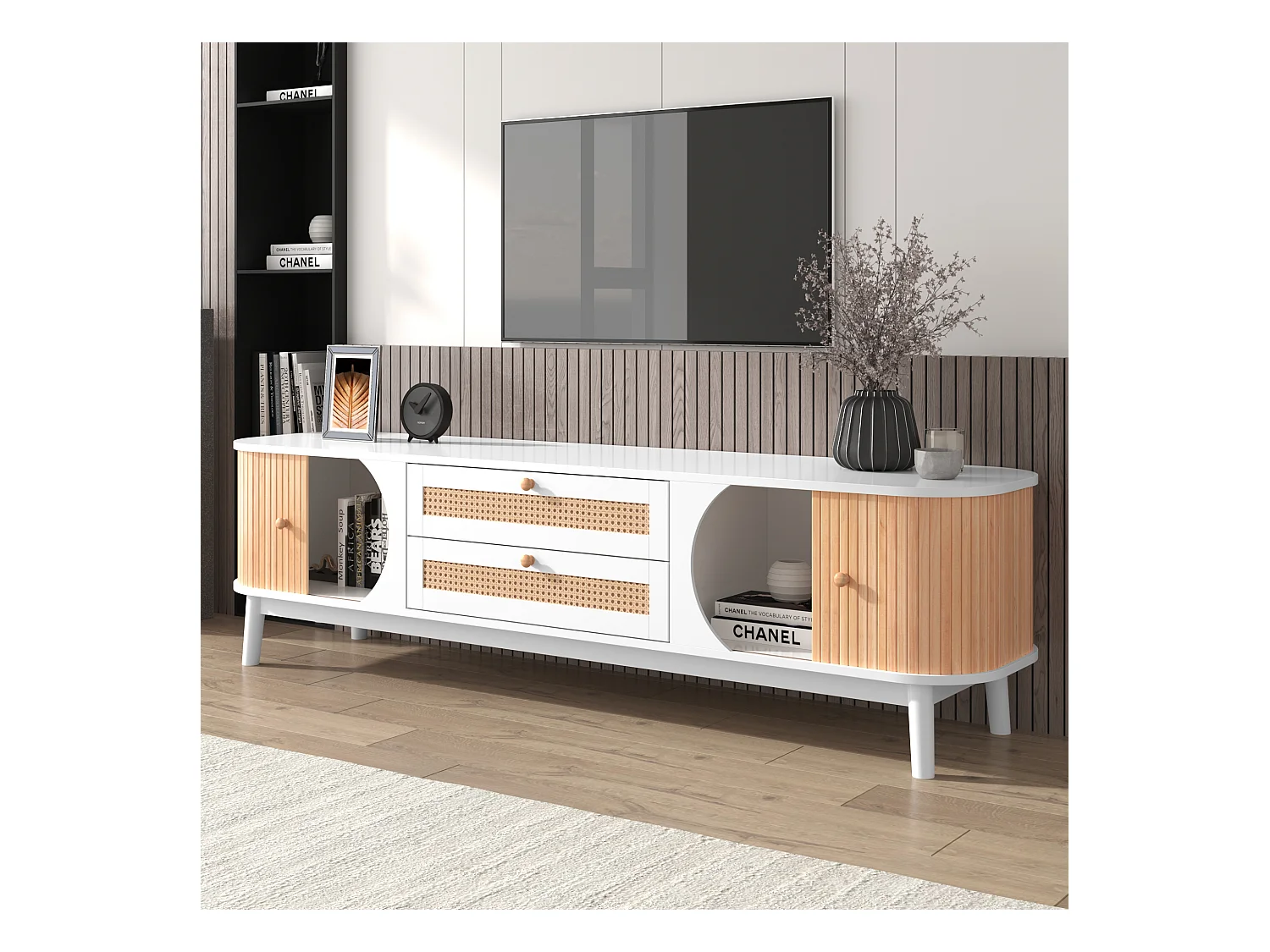 Meuble TV en bois naturel, avec portes et tiroirs en rotin, solution de rangement, style rustique, MDF, blanc, (170x39.5x46cm)