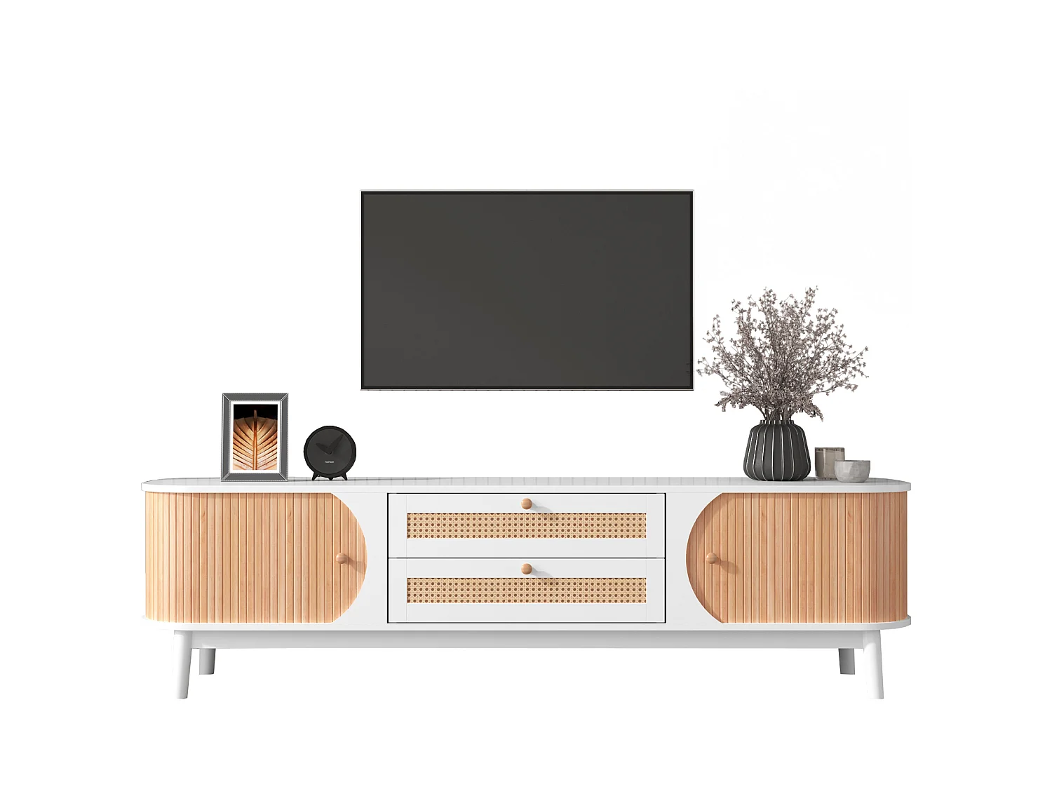 Meuble TV en bois naturel, avec portes et tiroirs en rotin, solution de rangement, style rustique, MDF, blanc, (170x39.5x46cm)