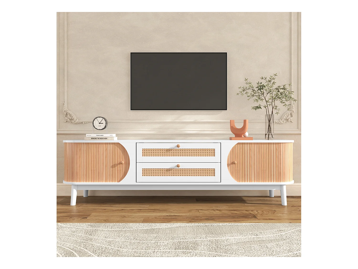 Meuble TV en bois naturel, avec portes et tiroirs en rotin, solution de rangement, style rustique, MDF, blanc, (170x39.5x46cm)
