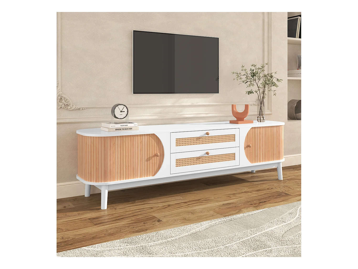 Meuble TV en bois naturel, avec portes et tiroirs en rotin, solution de rangement, style rustique, MDF, blanc, (170x39.5x46cm)