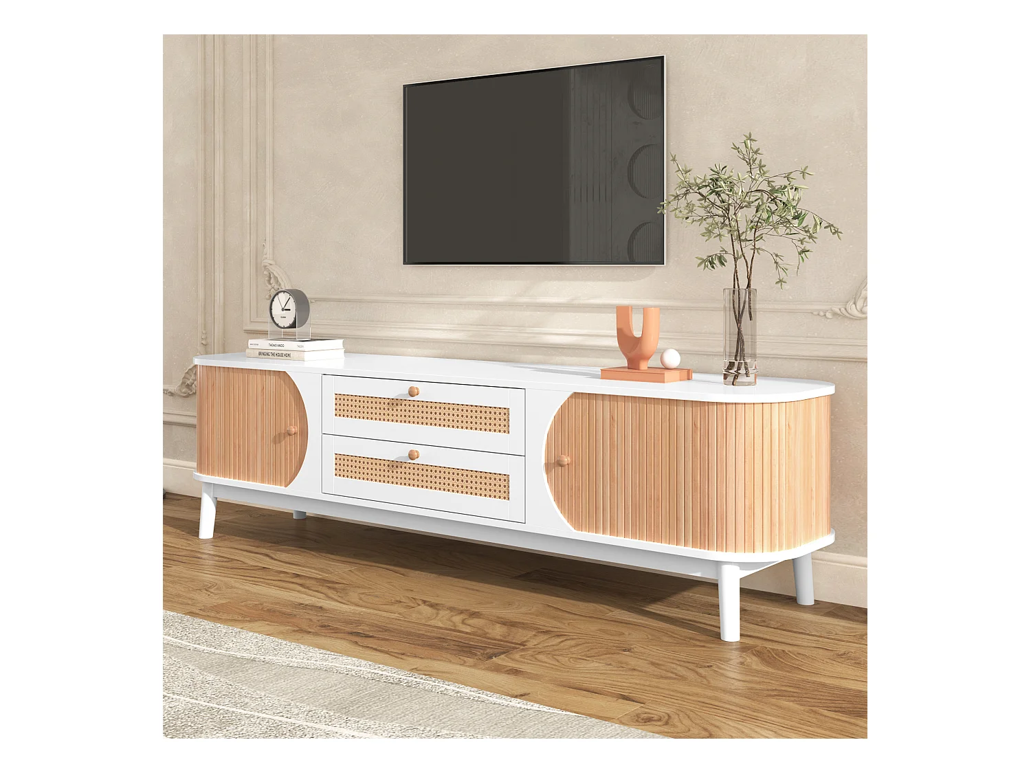 Meuble TV en bois naturel, avec portes et tiroirs en rotin, solution de rangement, style rustique, MDF, blanc, (170x39.5x46cm)