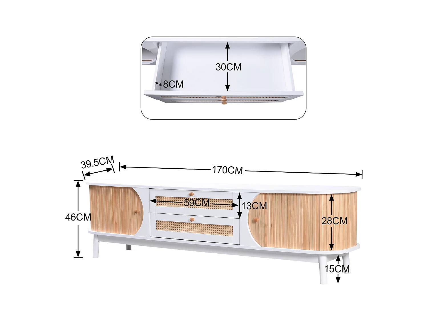 Meuble TV en bois naturel, avec portes et tiroirs en rotin, solution de rangement, style rustique, MDF, blanc, (170x39.5x46cm)