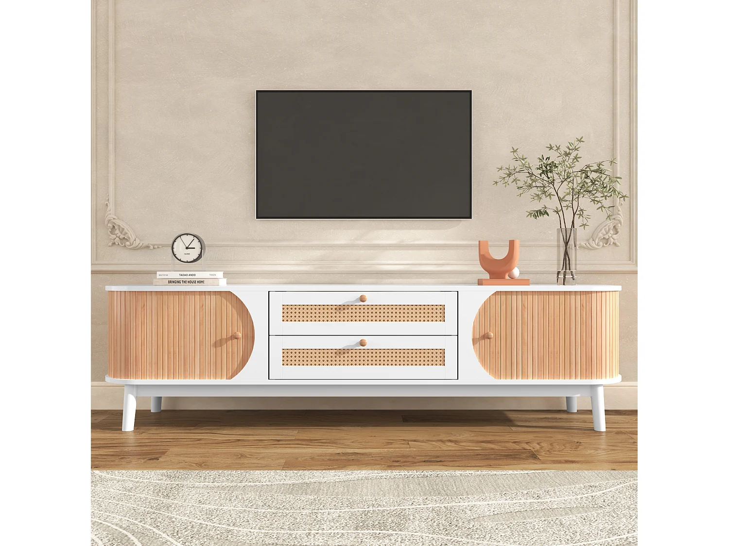 Meuble TV en bois naturel, avec portes et tiroirs en rotin, solution de rangement, style rustique, MDF, blanc, (170x39.5x46cm)