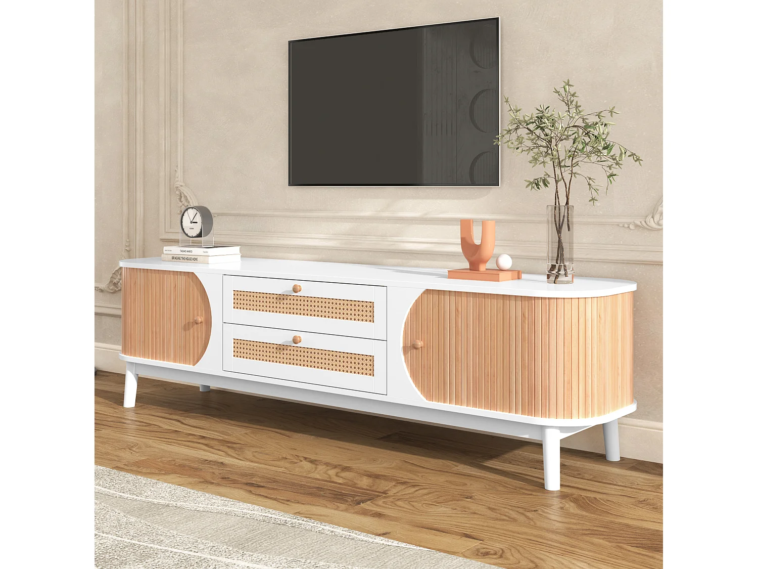 Meuble TV en bois naturel, avec portes et tiroirs en rotin, solution de rangement, style rustique, MDF, blanc, (170x39.5x46cm)