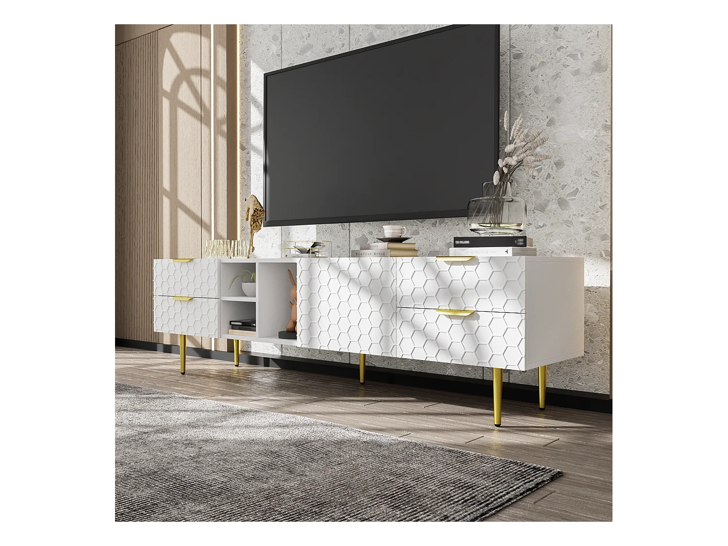 Meuble TV avec 2 tiroirs et portes structurées, étagères ouvertes, pieds dorés, MDF, blanc et or, 170x40.3x49.9cm