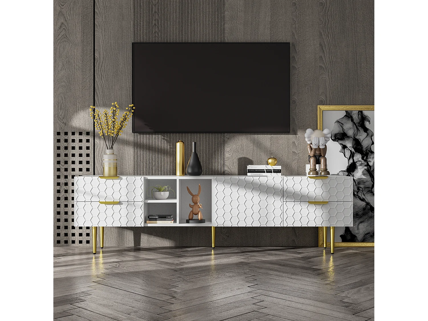 Meuble TV avec 2 tiroirs et portes structurées, étagères ouvertes, pieds dorés, MDF, blanc et or, 170x40.3x49.9cm