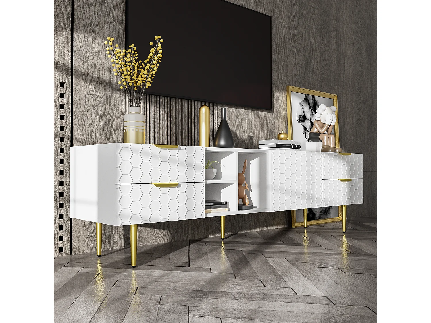 Meuble TV avec 2 tiroirs et portes structurées, étagères ouvertes, pieds dorés, MDF, blanc et or, 170x40.3x49.9cm