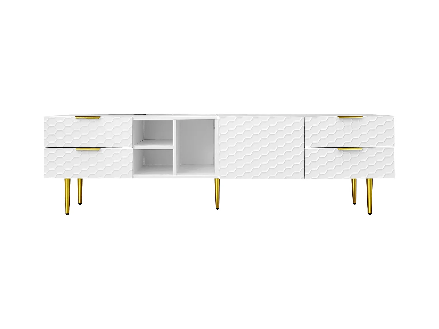 Meuble TV avec 2 tiroirs et portes structurées, étagères ouvertes, pieds dorés, MDF, blanc et or, 170x40.3x49.9cm