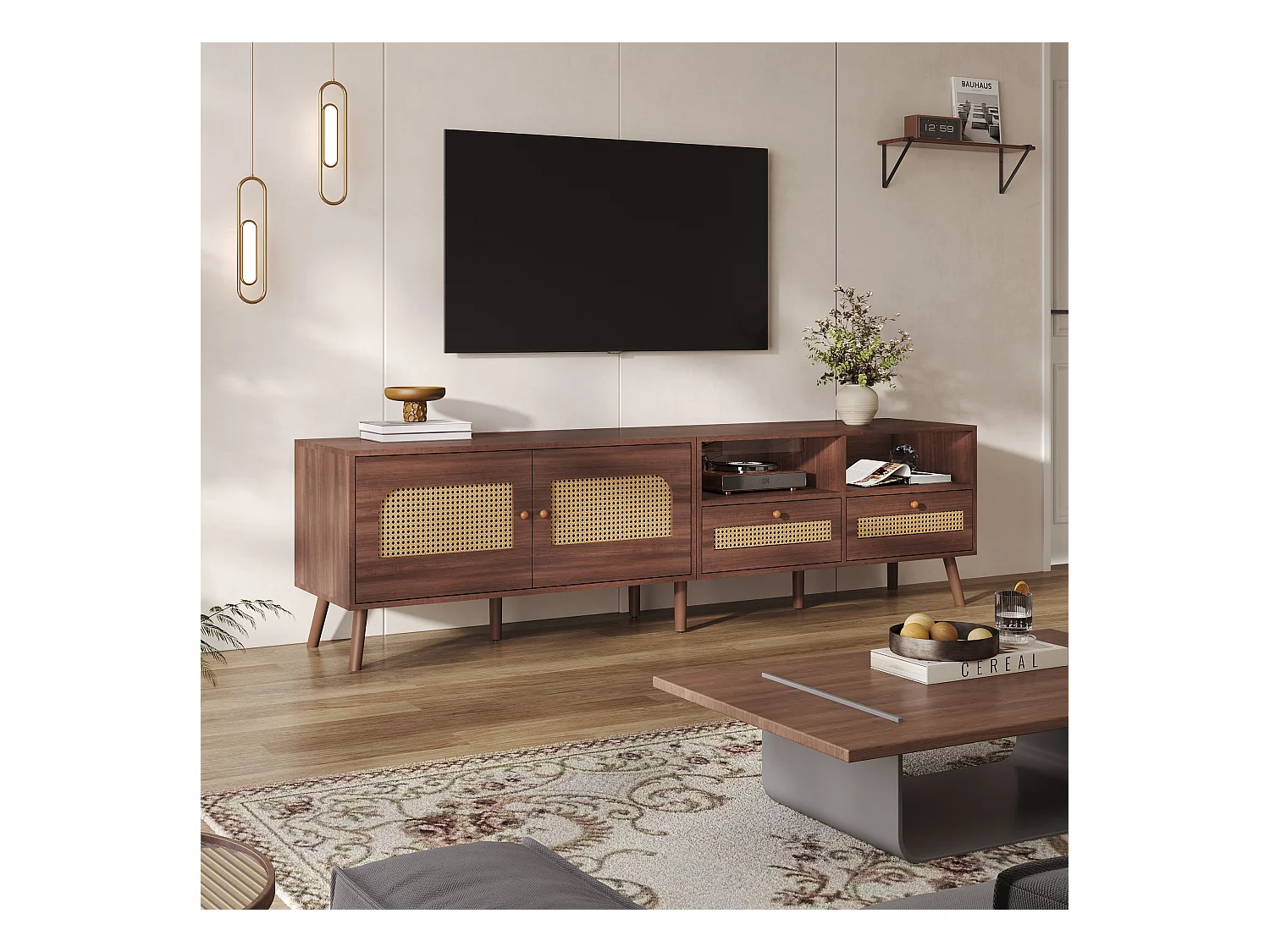 Meuble TV en bois naturel avec 2 portes en rotin, 2 tiroirs et 8 pieds, pour TV jusqu'à 80 pouces, (200x37x49.5cm)