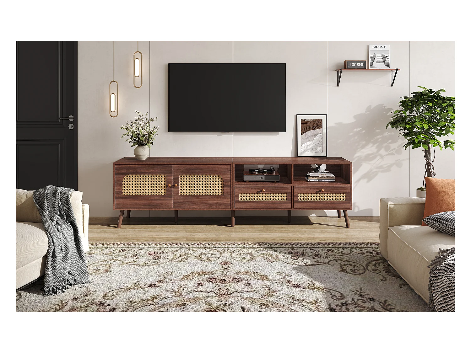 Meuble TV en bois naturel avec 2 portes en rotin, 2 tiroirs et 8 pieds, pour TV jusqu'à 80 pouces, (200x37x49.5cm)