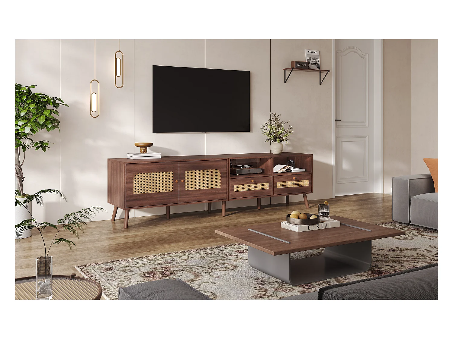 Meuble TV en bois naturel avec 2 portes en rotin, 2 tiroirs et 8 pieds, pour TV jusqu'à 80 pouces, (200x37x49.5cm)